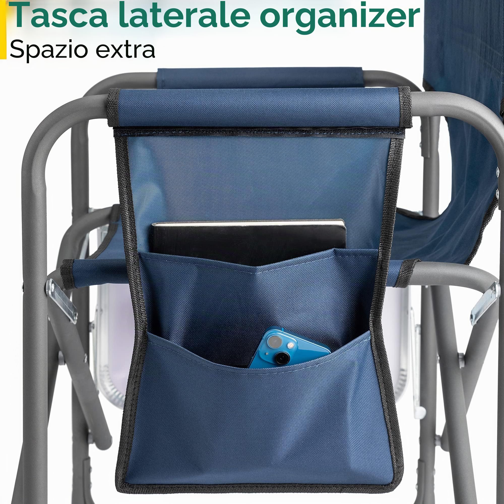 Trail Sedia da Regista Pieghevole con Tavolino, Portabicchieri, Tasca Portaoggetti, Sedia da Campeggio e Giardino con Braccioli Imbottiti, Struttura in Acciaio Resistente (Carico Max 120 kg)