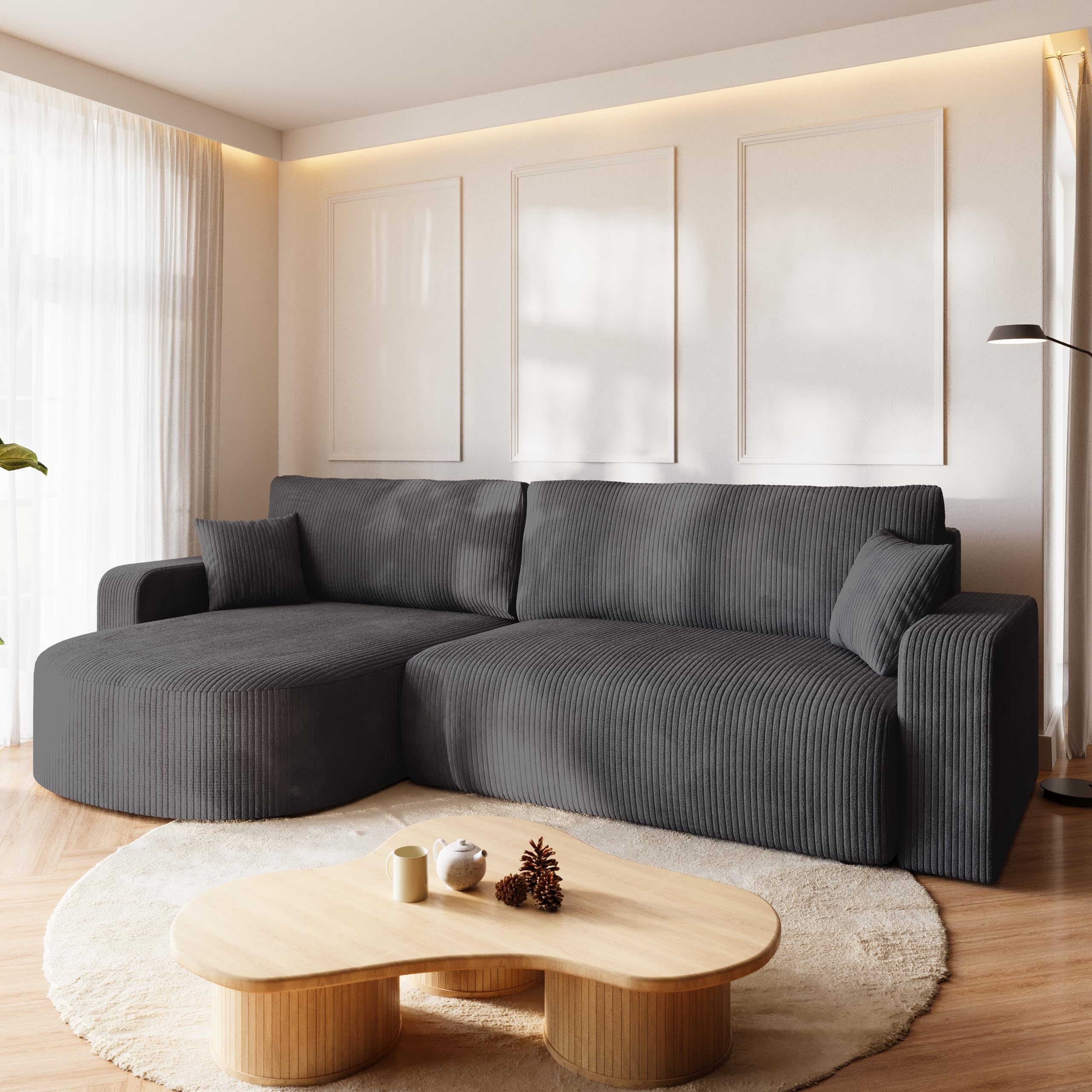 BROMARKT Ecksofa Mit Schlaffunktion - Cordstoff Eckcouch 275cm Mit Bettkasten Hellgrau