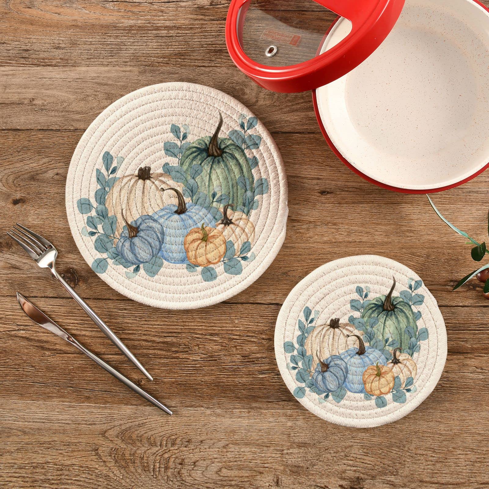 Pumpkins Blue Fall Autumn Harvest Thanksgiving Pot Holders Trivets Set 2 Pcs,Potholders for Kitchens,Cotton Coasters Trivets for Hot Dishes/Hot Pots and Pans/Hot Pot Holders