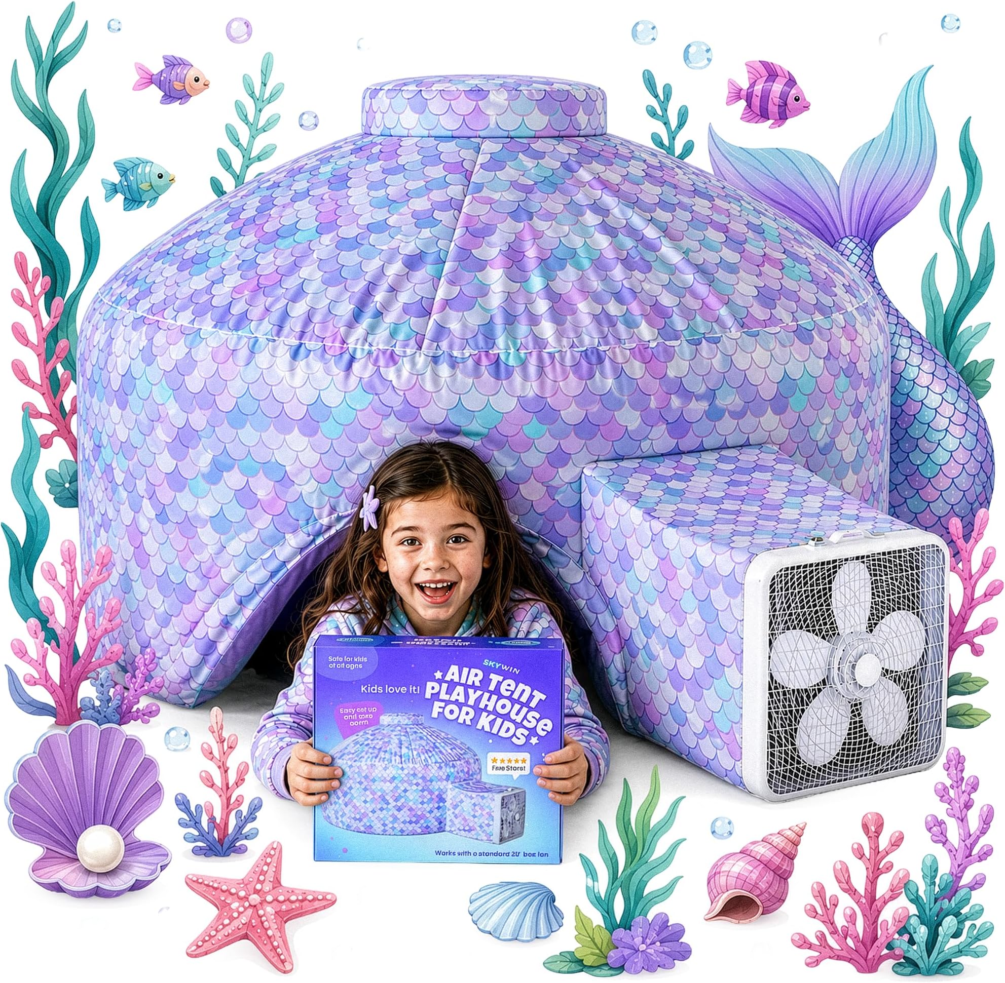 Air Tent for Kids, Toddler Tents Indoor 77 x 50 in - Mermaid Fort | Inflates in 30 Sec, Breathable Fabric, Spacious Interior, Folds into Bag, Imaginative Kids Forts Indoor, Box Fan Not Included