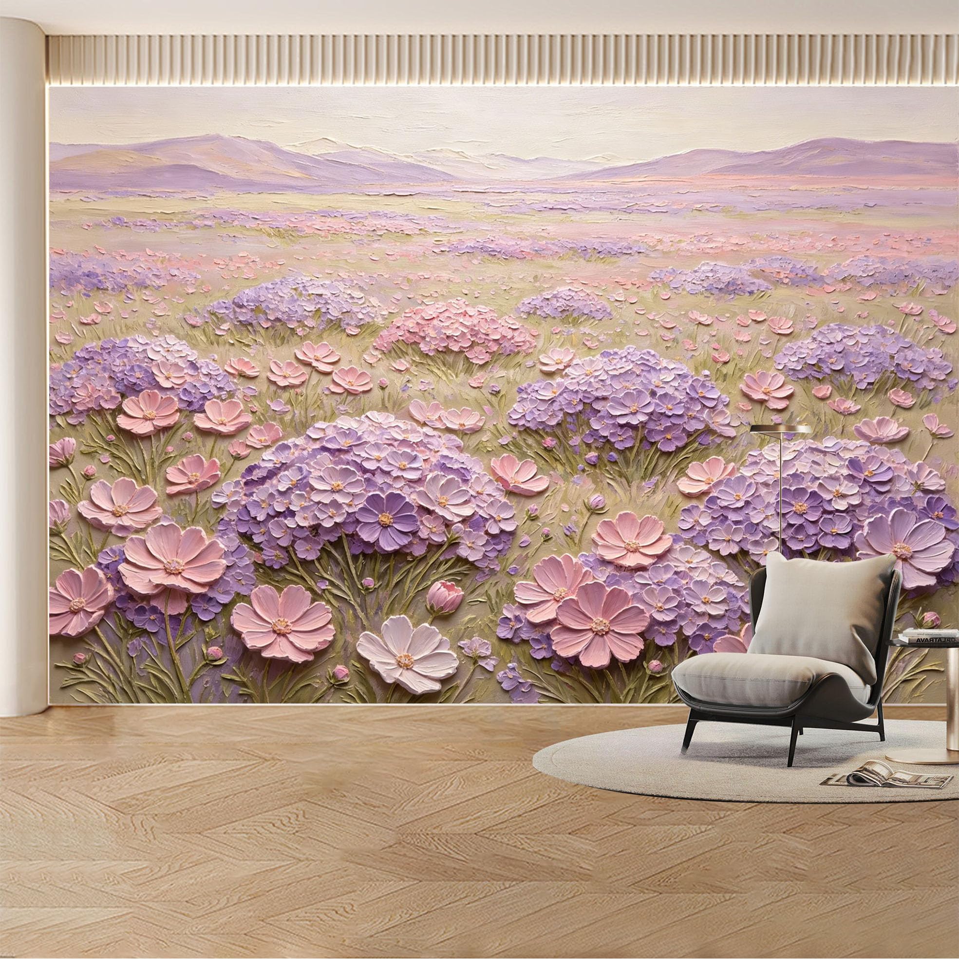 Custom Wall Mural Wallpaper Purple Flower Meadow Mountain Landscape， Nature Modern 3D Effect Wall Decor， Boho Misty Luxury Removable SelfAdhesive Large Photo for Living Room， Bedroom， Office