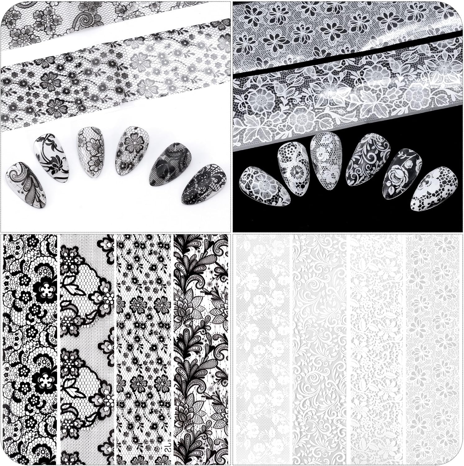 SmallCat 20 Pcs Lace Nails Stickers, 7.87×0.98 Inch, Black White image 4