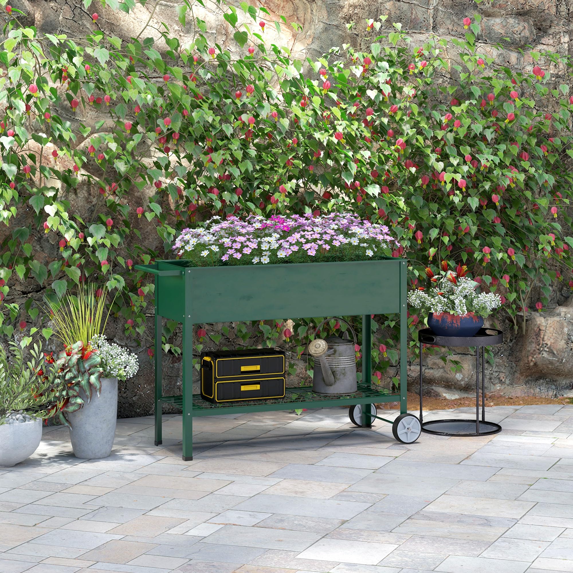 Outsunny Mesa de Cultivo 109x44x80 cm Huerto Urbano Elevado con 2 Ruedas Estante y Asa para Cultivo Plantas Flores Verduras Verde