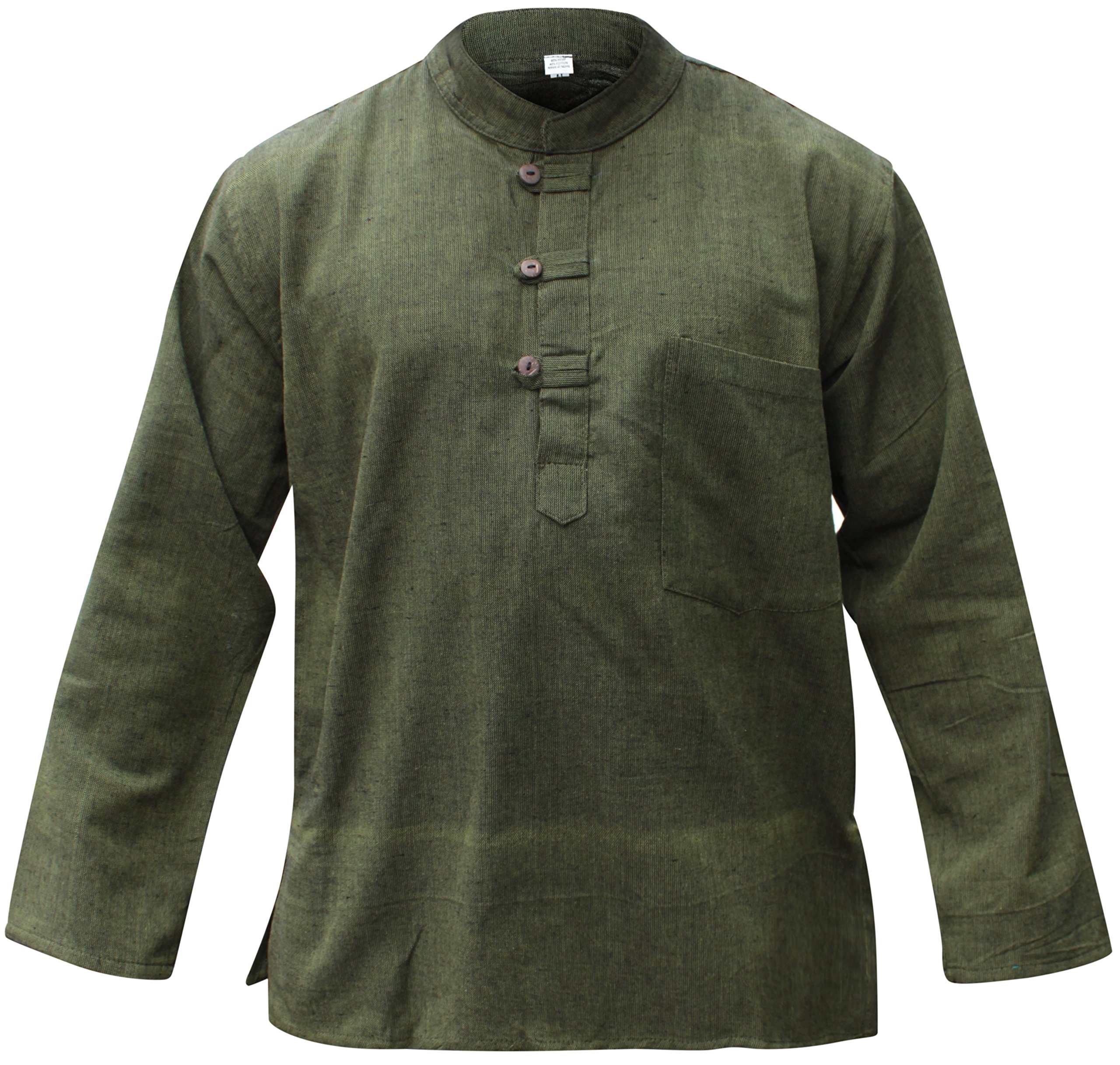 SHOPOHOLIC FASHION Plain Hemp Fabric Band Collar Hippy Grandad Shirts for Men, Green, 2XL