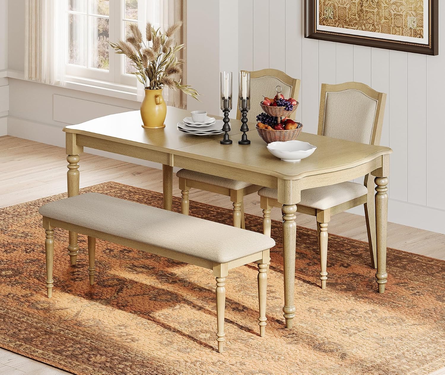 WAMPAT Dining Chairs Set of 2, Fabric Upholstered Kitchen Chairs with Curved Back & Solid Wood Legs, Farmhouse Side Chair with Padded Back & Gourd-Shaped Leg for Dining Room, Oak