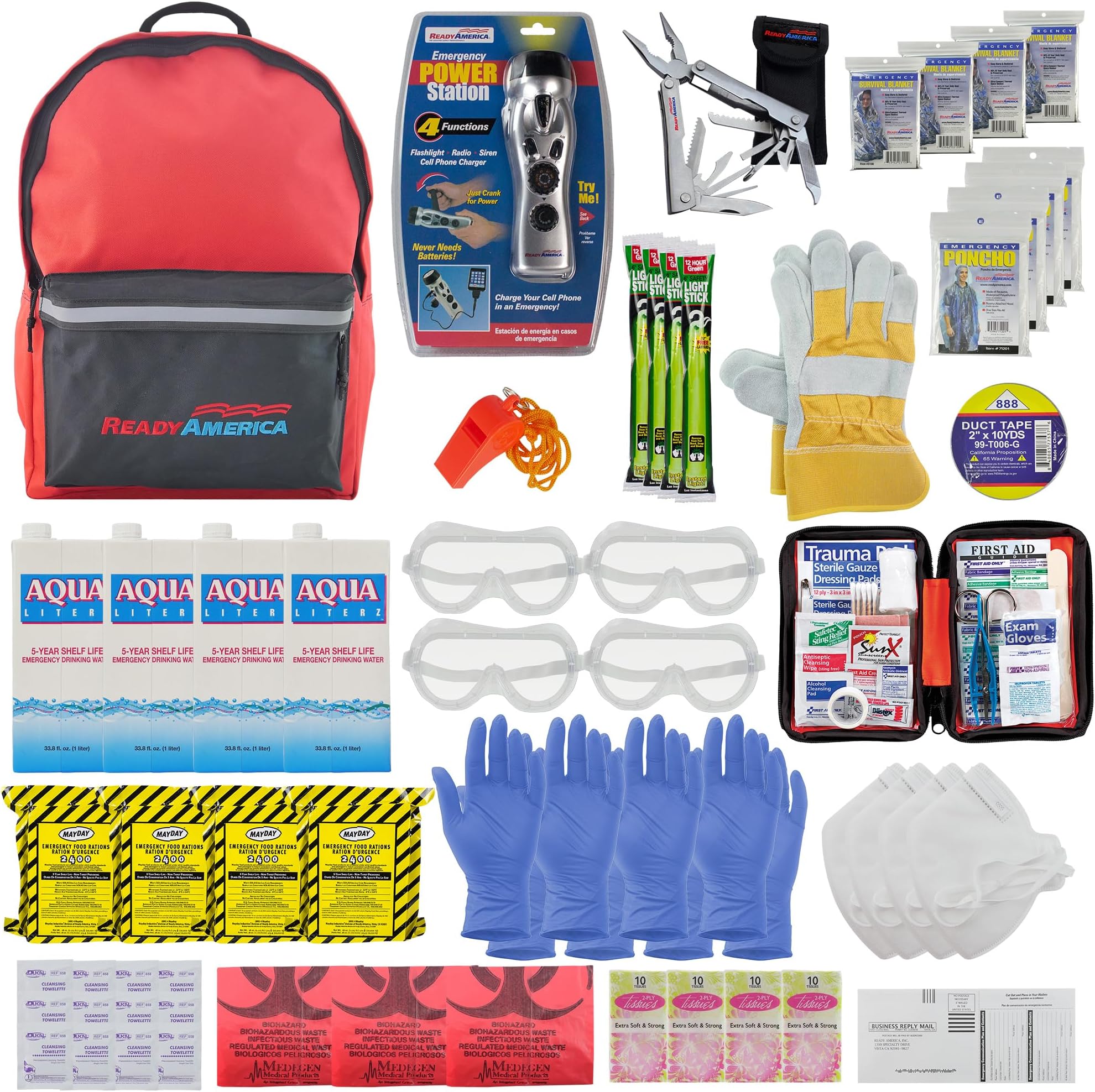 72 Hour Deluxe Emergency Kit, 4-Person 3-Day Backpack, First Aid Kit, Survival Blanket, Power Station, Emergency Food, Portable Disaster Preparedness Go-Bag for Earthquake, Fire, Flood