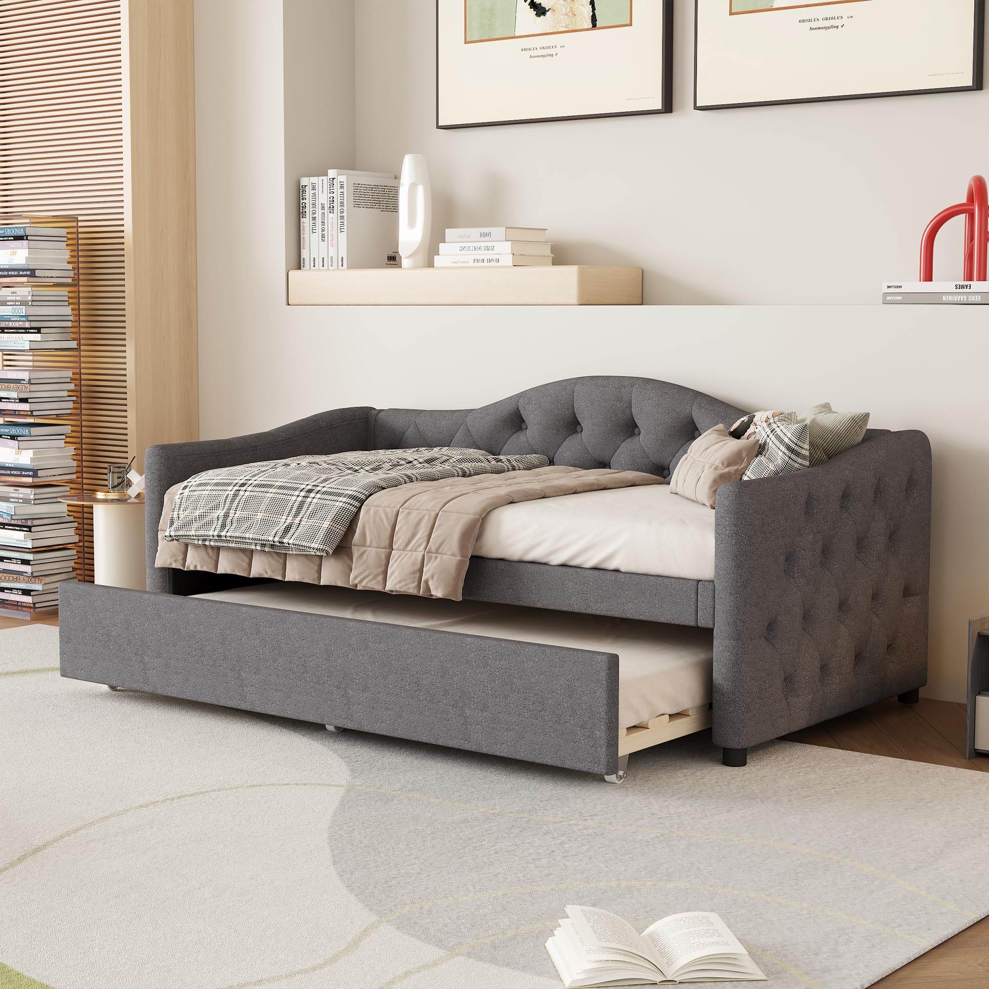 Kebnor 90 x 200 cm, letto con letto estraibile, divano letto, letto singolo (senza materasso), lino, stile minimalista (grigio)