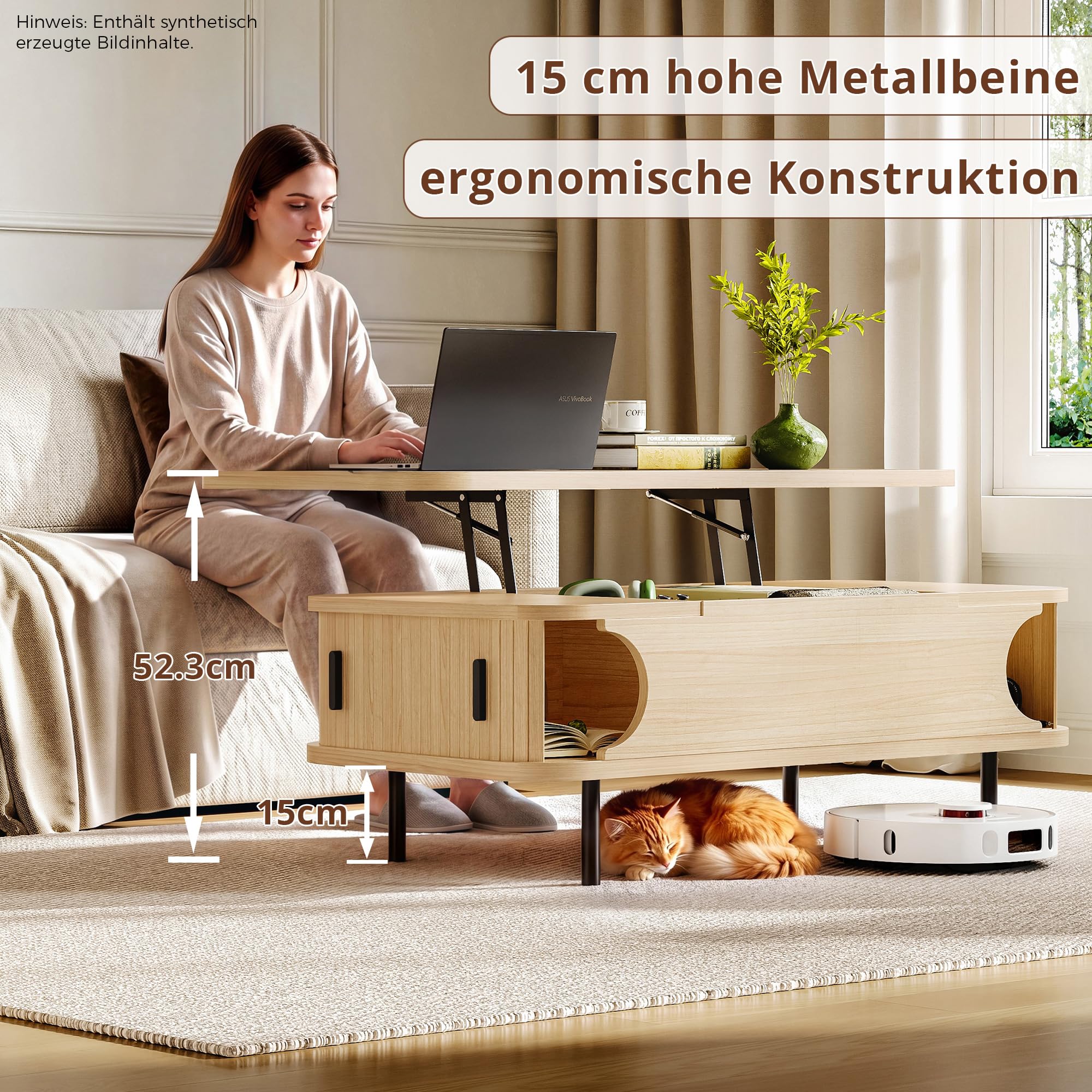 IRONCK Couchtisch höhenverstellbar, Wohnzimmertisch mit Stauraum, Holz Kaffeetisch mit Schiebetüren, verstecktes Fach, offenes Fach, für kleine Räume, Wohnzimmer, Homeoffice, 101x51x52cm, Eiche Hell
