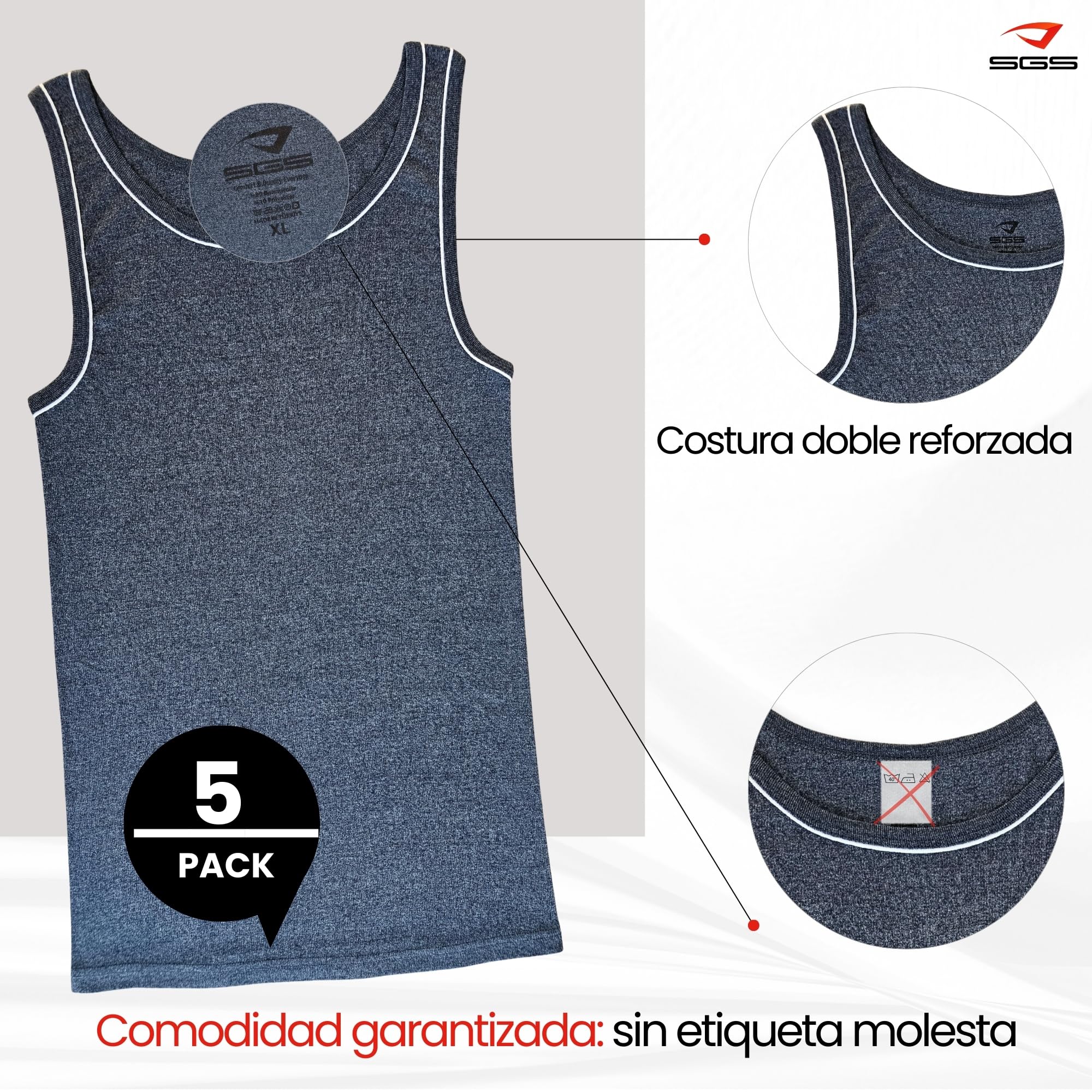 SGS Pack de 5 Elegantes Camisetas de Tirantes y Chalecos para Hombre Extra Largo +12 cm - Camiseta Tirantes Hombre, Camiseta Sin Mangas para Hombres