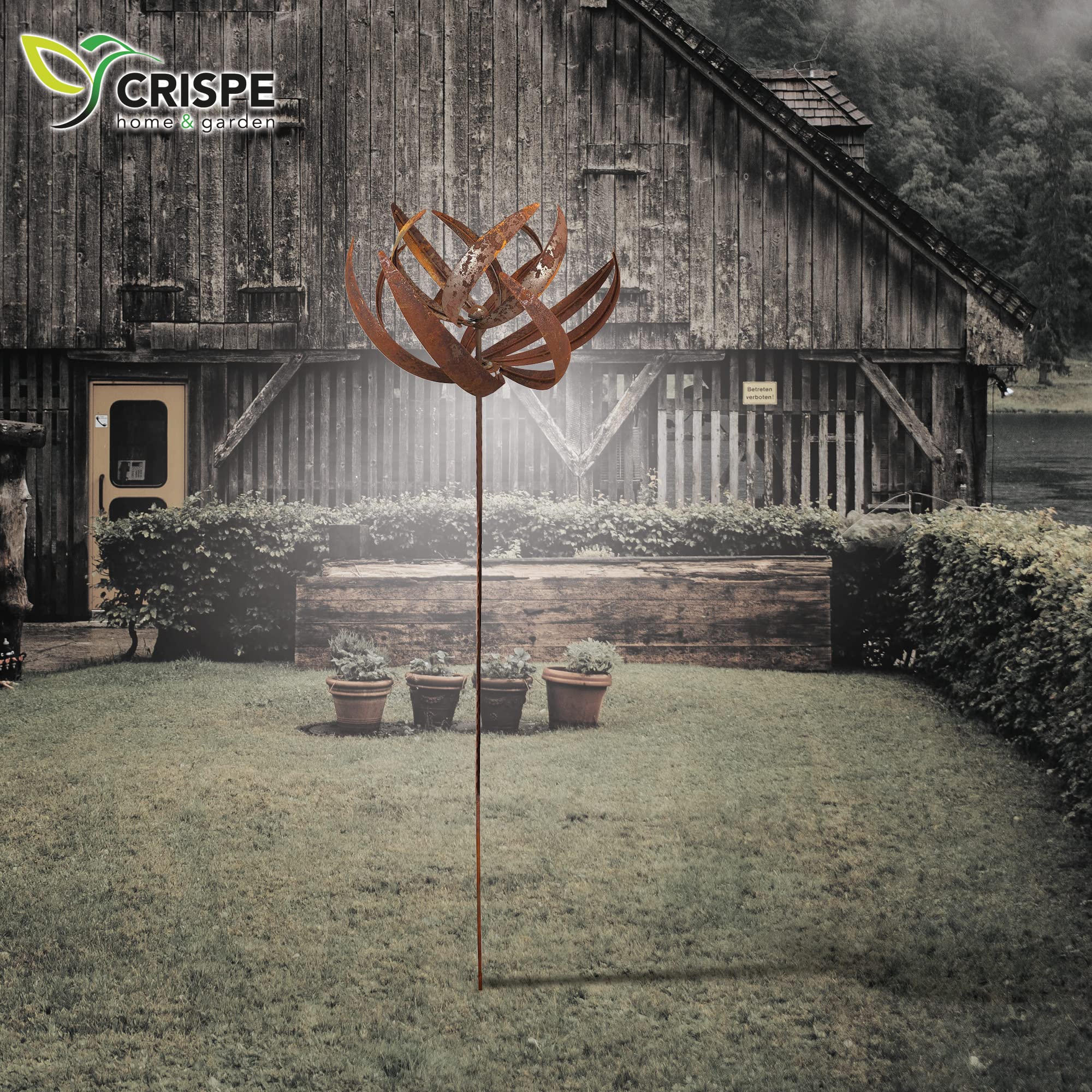 Metall Windrad 'Lotus' - massives Windspiel Windmühle für den Garten - wetterfest und standfest - mit besten Kugellagern - aus Vollmetall mit Edelrost-Patina – Höhe 221 cm
