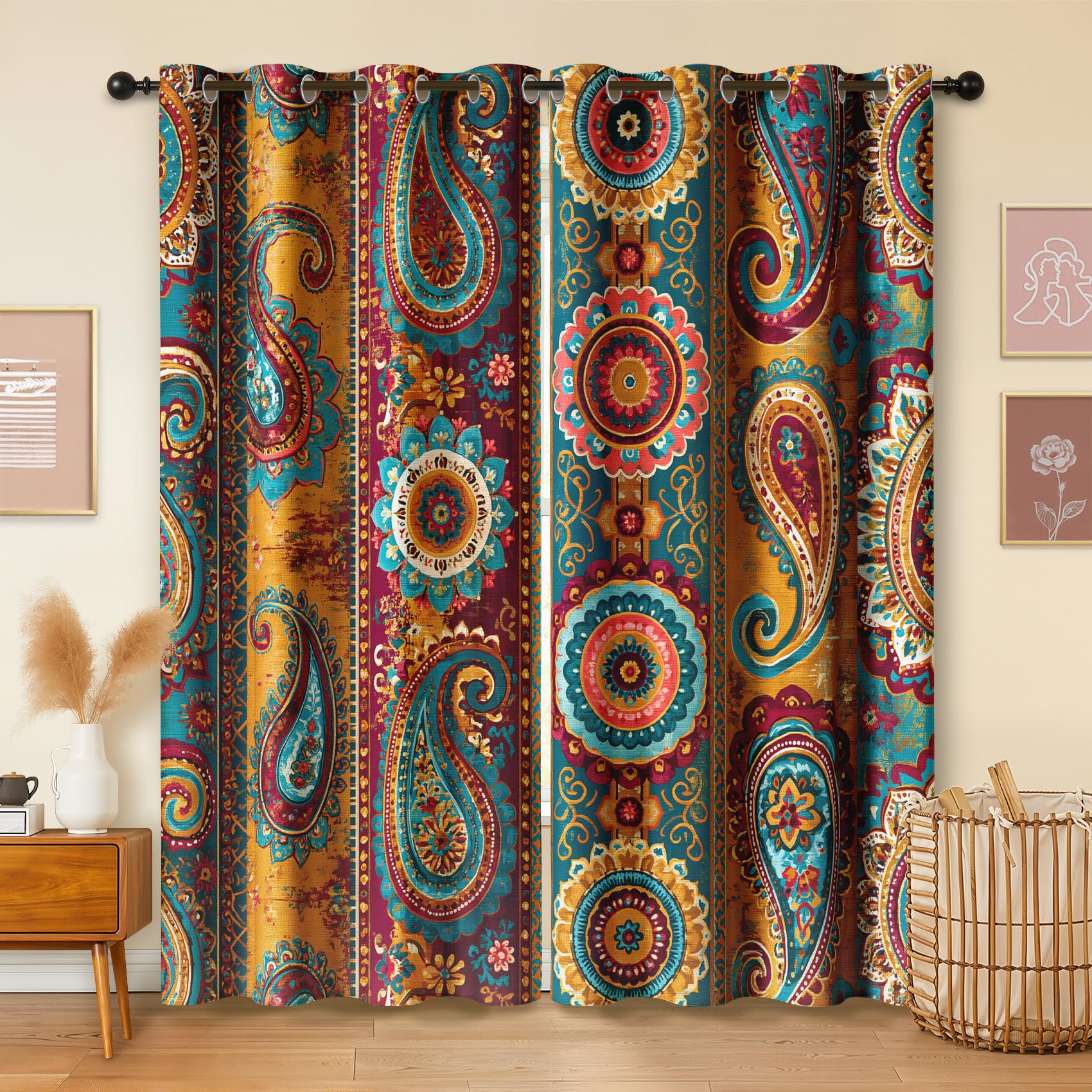 Havenix Boho Paisley Multicolour Blackout Curtains for Bedroom Living Room, Eyelet Curtains 54x90, Thermal Insulated Drapes for Windows, Mustard and Teal Striped Vintage Window Treatments, 2 Panels