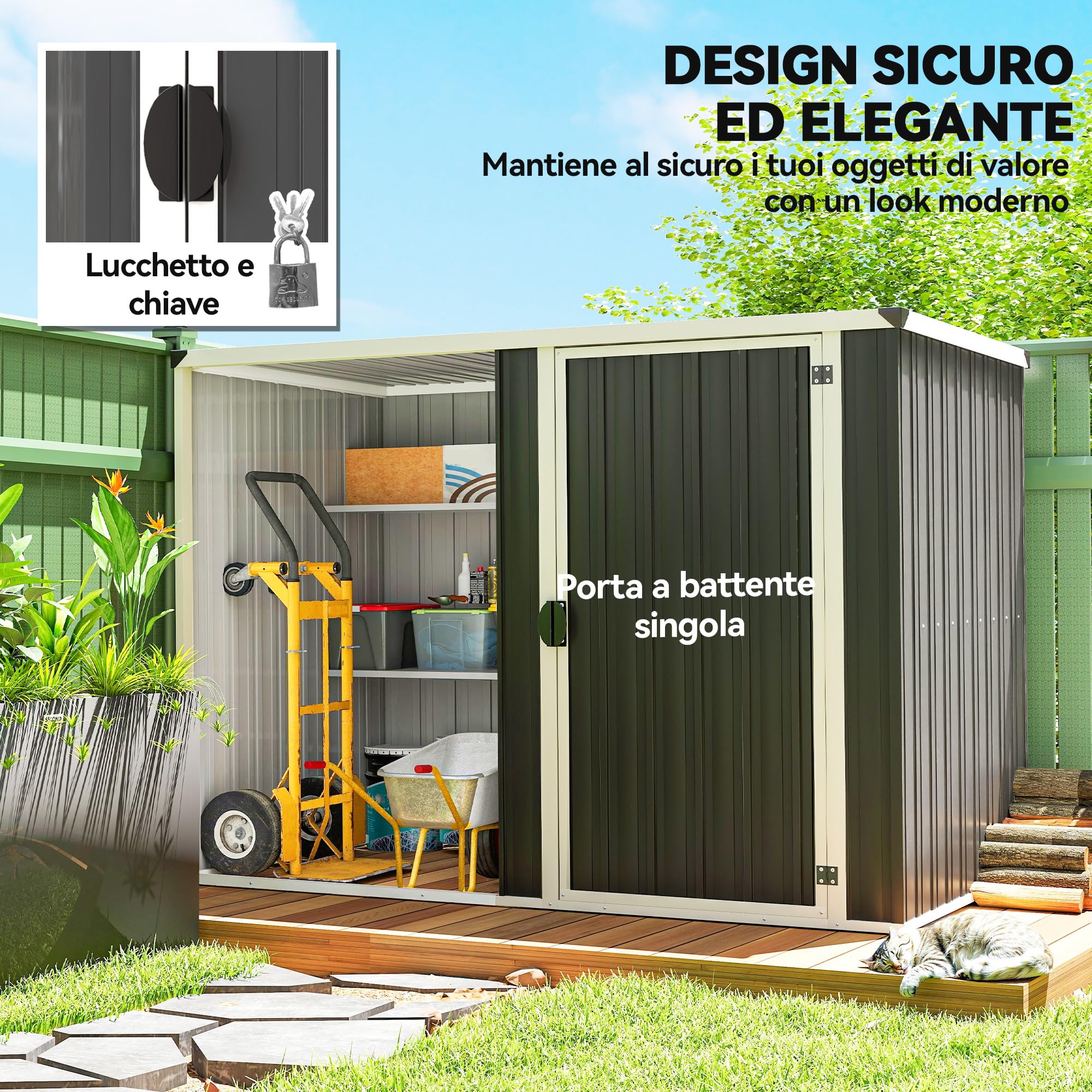 Outsunny Casetta da Giardino 2.7m² in Acciaio Zincato Design Layout Diviso con 2 Ripiani, Capanno da Giardino Porta Attrezzi con Porta Bloccabile, Chiavi, Tetto Inclinato, Guanti, Grigio Scuro