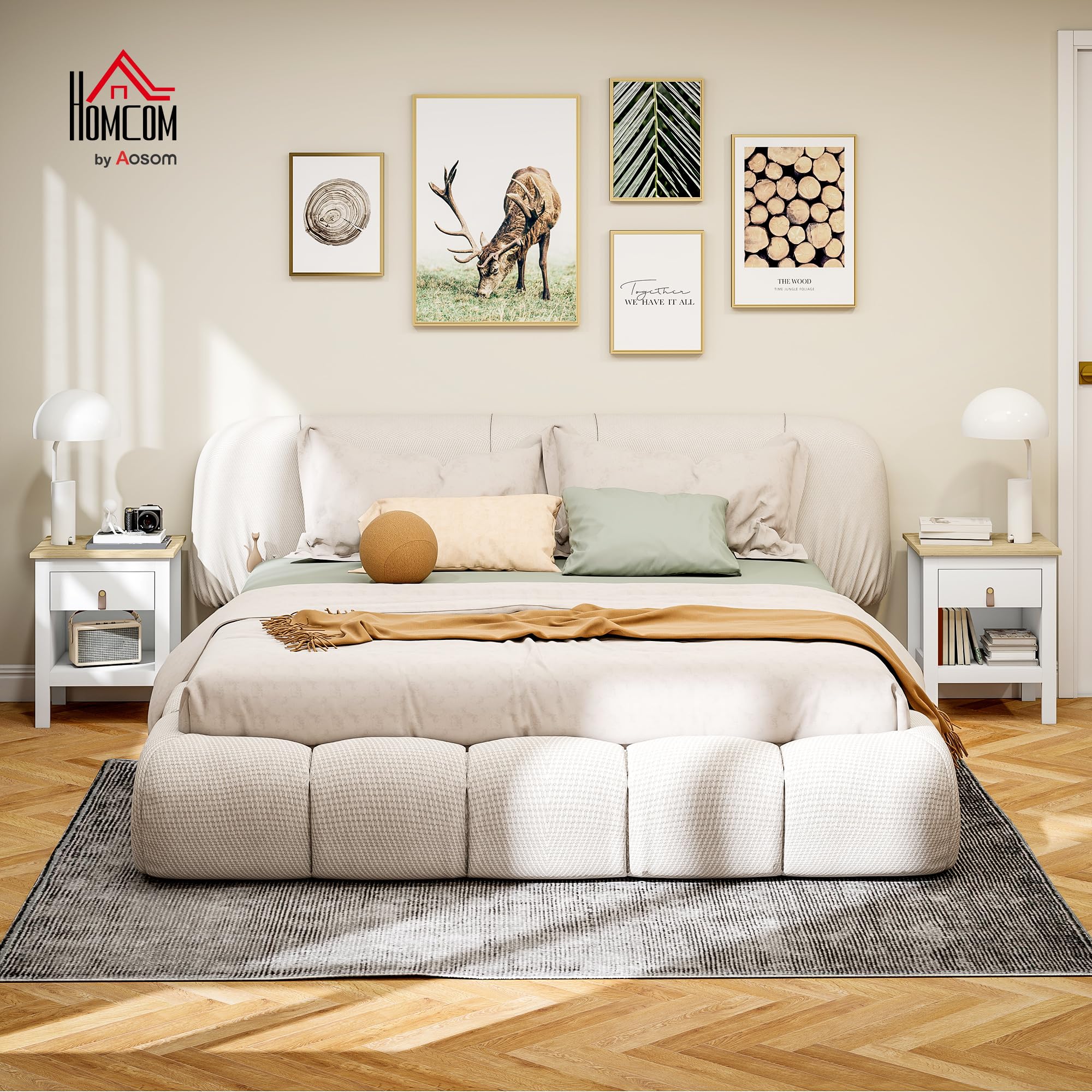 HOMCOM Set 2 Comodini Camera da Letto con Cassetto e Ripiano Aperto Portaoggetti, Coppia di Comodini Moderni in Legno, Tavolini per Divano, Soggiorno, Salotto, 45x40x55 cm, Bianco e Rovere