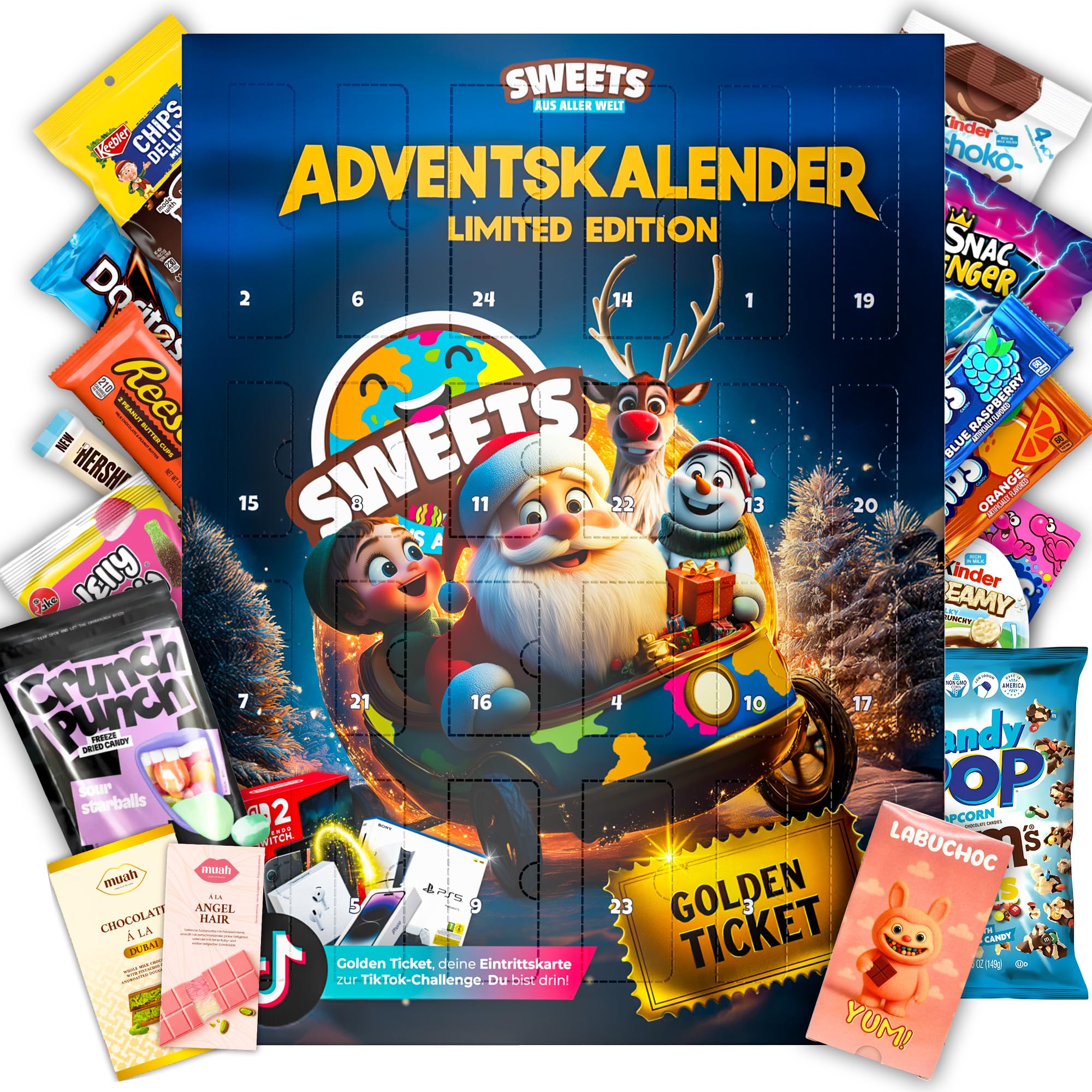 Adventskalender 2025 mit Amerikanischen Süßigkeiten & Snacks aus aller Welt - Weihnachtskalender mit Labuchoc, Dubai Schokolade, Schokobons crispy, Angel Hair & vielen weiteren viralen Highlights