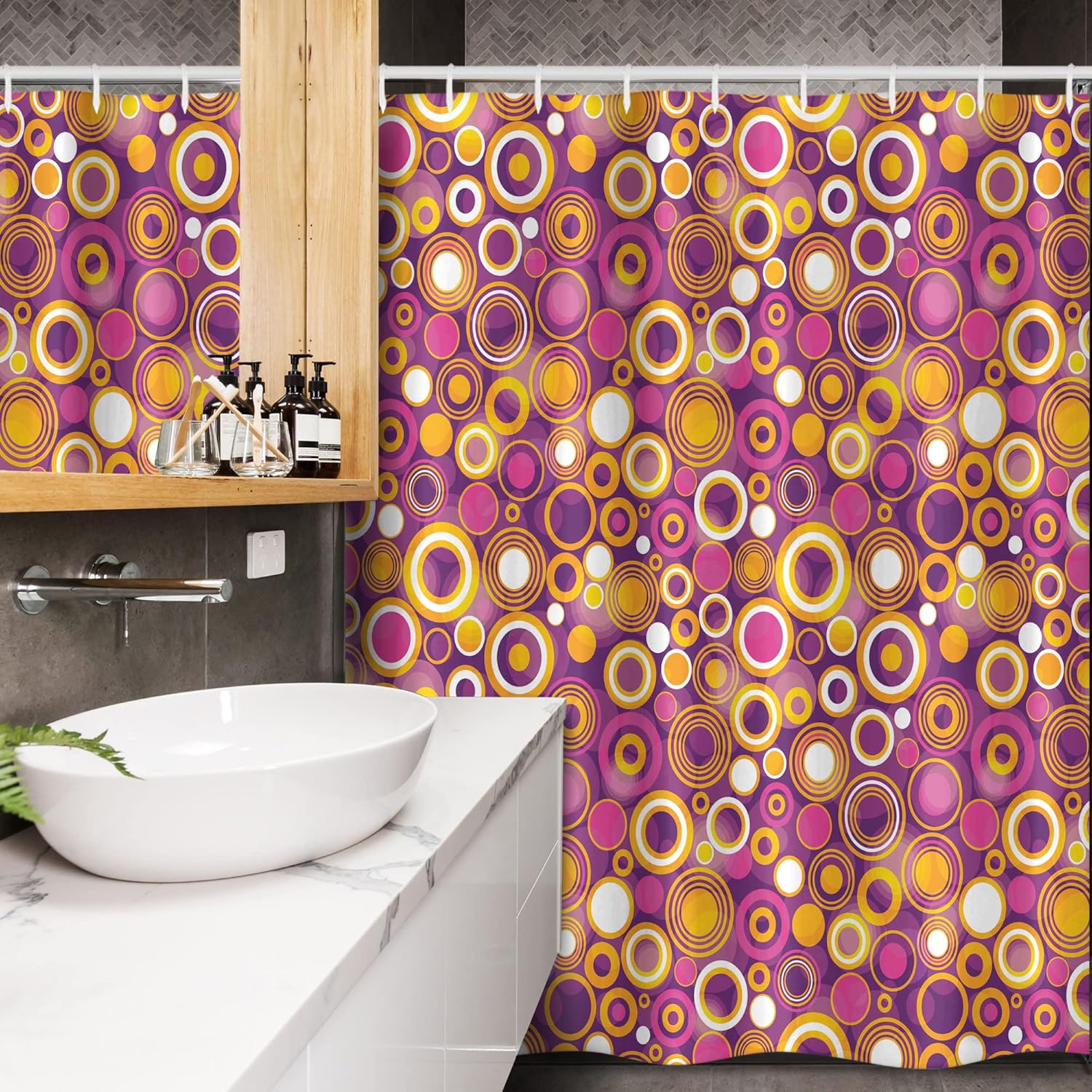 Ambesonne Geometric Stall Shower Curtain, Retro Style 70s Like Vintage Circles and Rounds Water Drops Like Image Art, Fabric Bathroom Decor Set with Hooks, 54" W x 78" L, Multicolor Plum