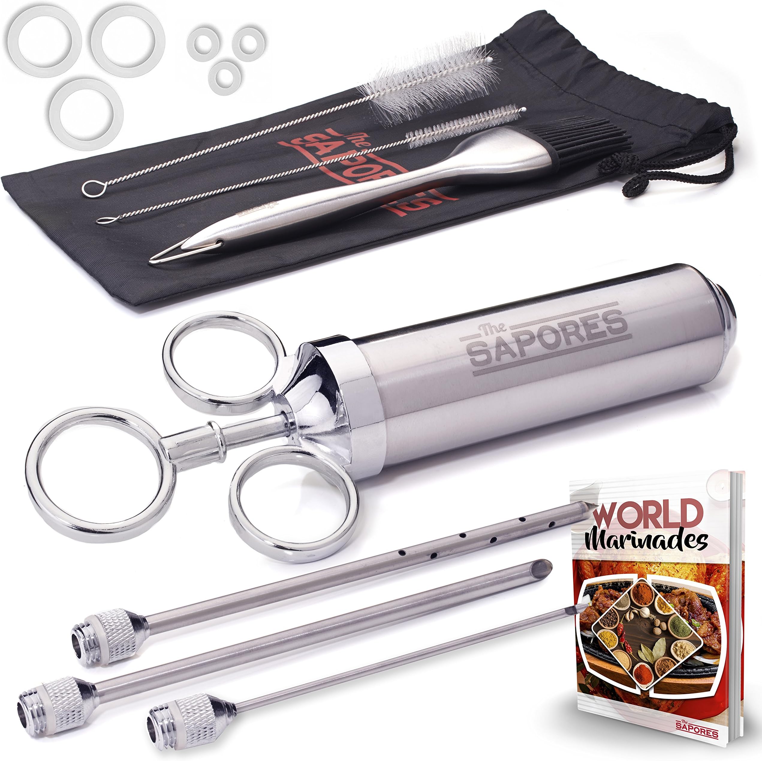 Supreme Marinator Set - 2 Ounce 304 Stainless Steel Meat Injector, Baster Grill Brush and Cleaning Brushes - 100% Stainless Steel, BPA Free Food Grade Material