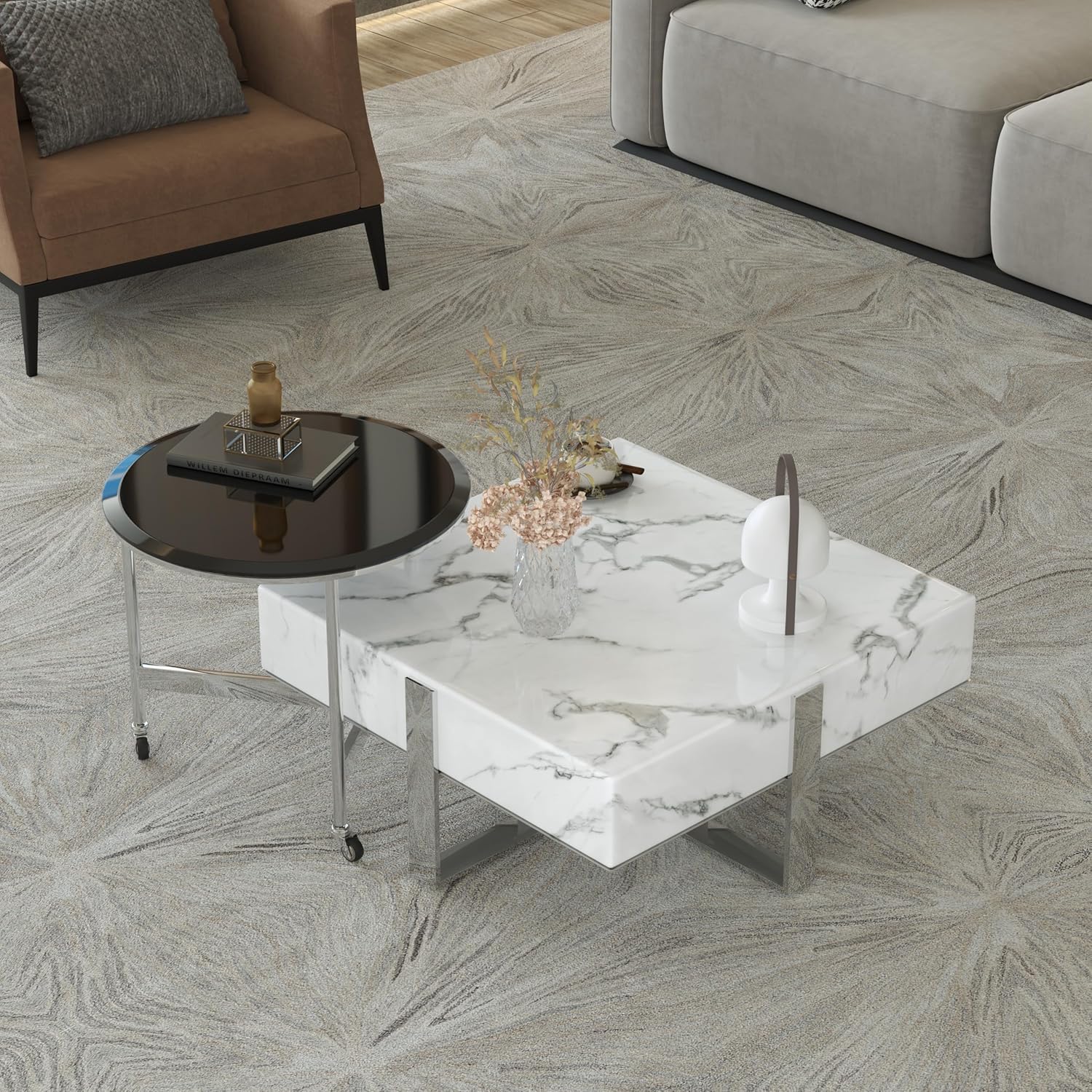 Silver Square Coffee Table and Round End Table for Living Room, Modern Luxury Coffee Table with White Faux Marble Tabletop and Chrome Stainless Steel Legs for Apartment