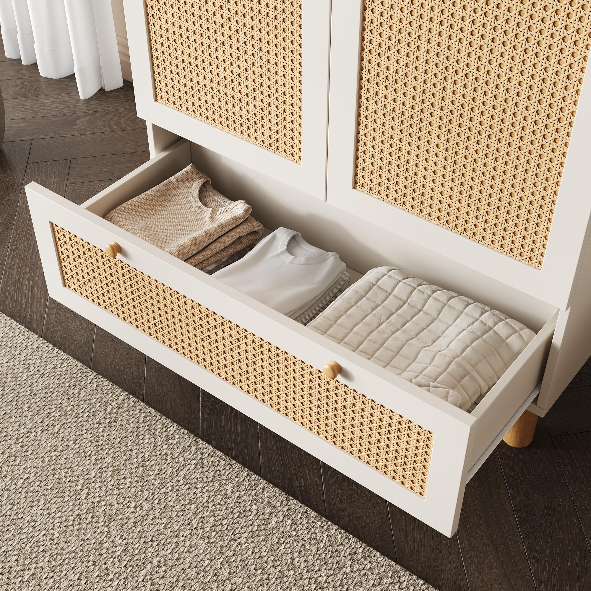 Armadio in rattan, con 2 ante e cassetto grande, regolabile in altezza, per camera da letto, soggiorno, 85,5 x 52 x 180,5 cm, bianco