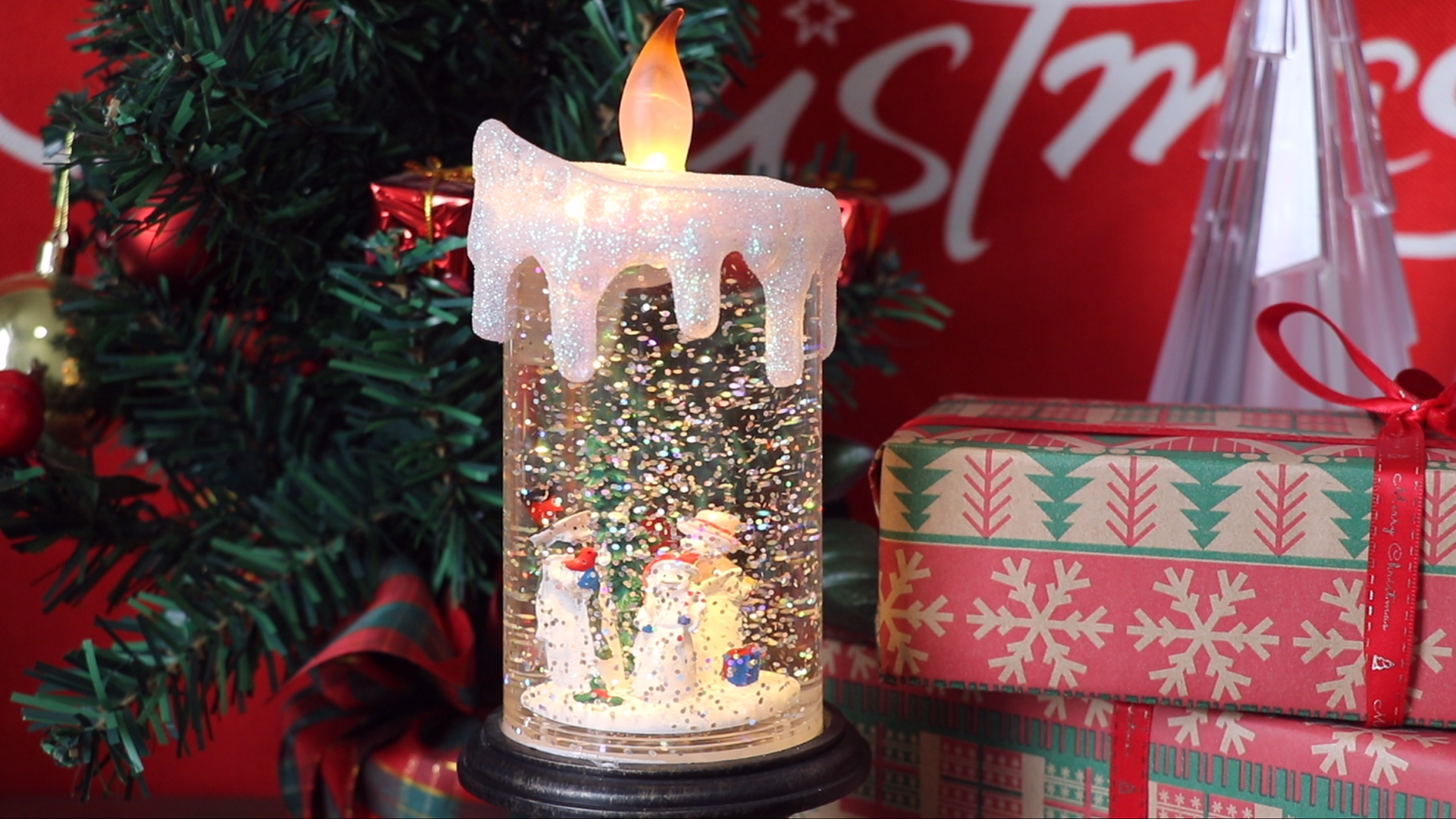 Image of Eldnacele Christmas Snow Globe Candle Battery Operated Lighted Flameless Candles Light Swirling Water Glittering Spinning Candles for Home Decoration(Snowmen Family)