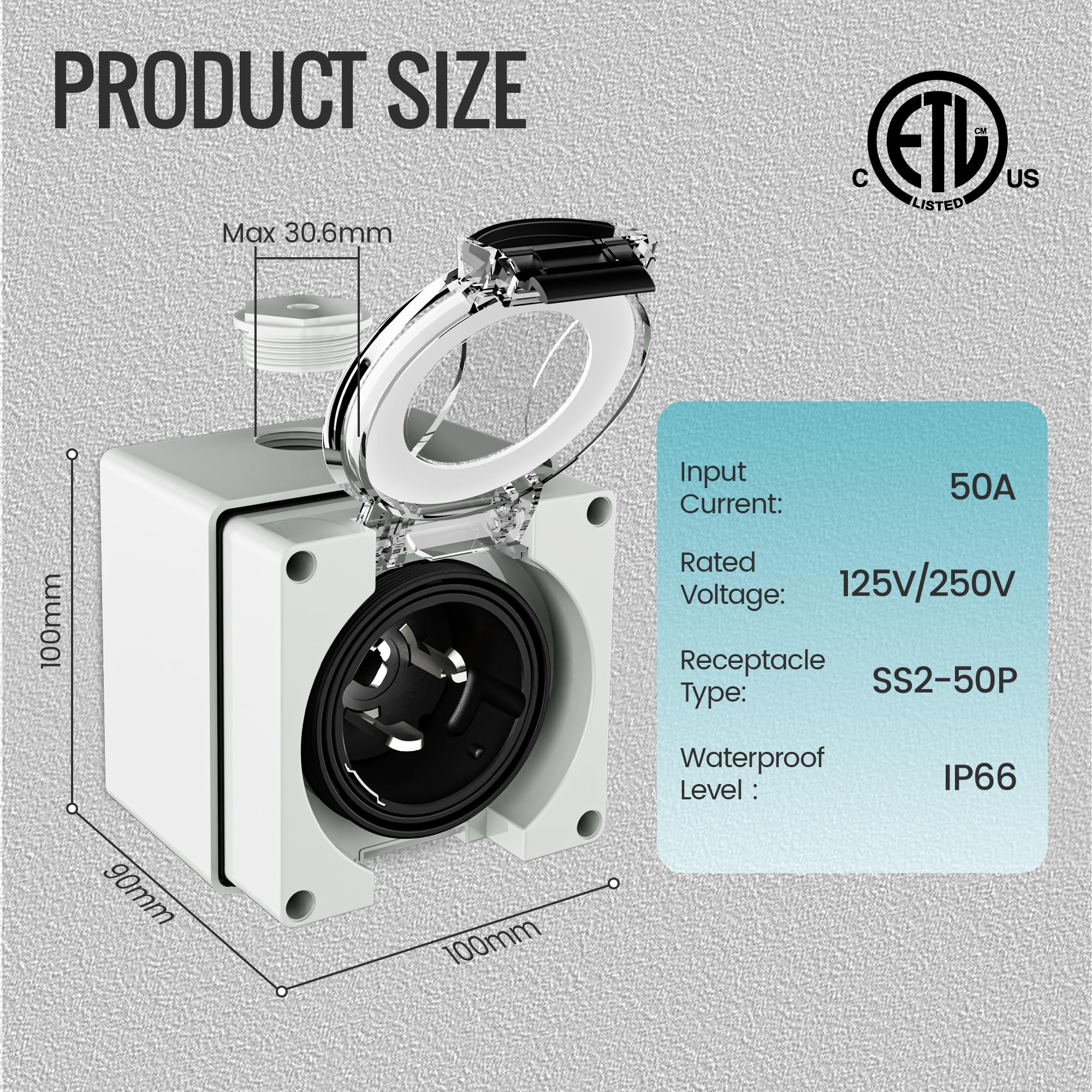 50 Amp Generator Power Inlet Box, NEMA SS2-50P for 3 Prong Generator Cord
