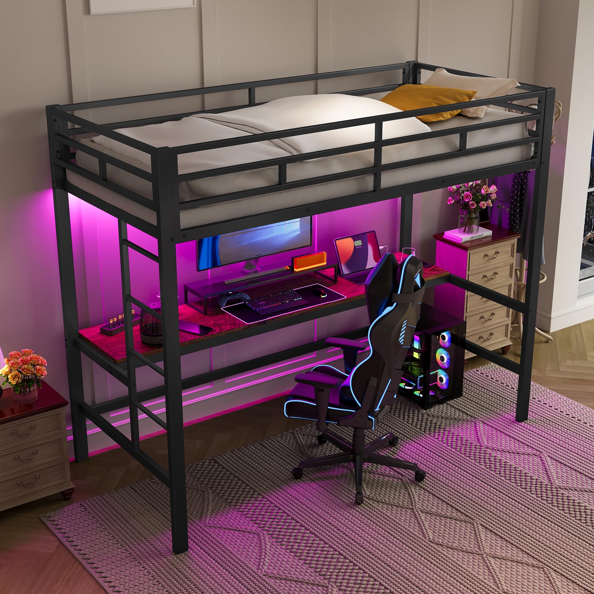 Letto a soppalco 90x200 cm con ringhiera scaletta tavolo con USB e presa striscia luminosa a filo bed singolo per adulti in metallo letti per ospiti Nero