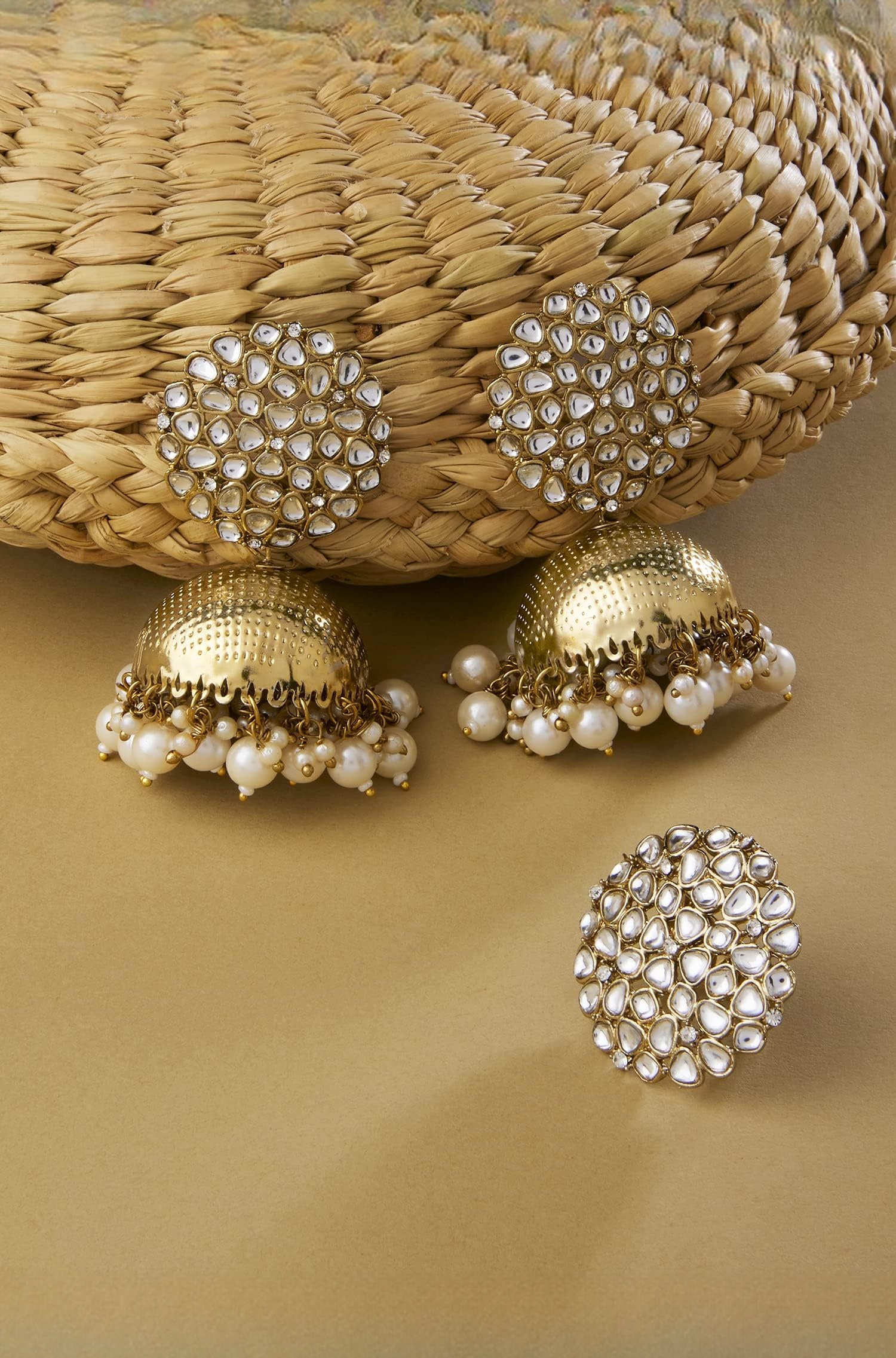 Antique Gold Tone Traditional Kundan Jhumki Earring & Ring Set For Women-ZPFK13163