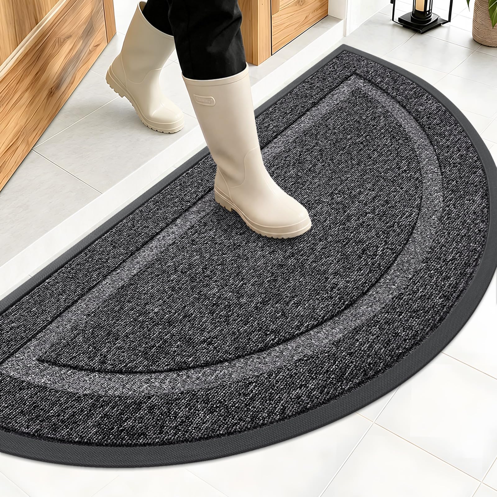 OLANLY Half Circle Front Door Mat Outside 47x23 All-Season Rubber Doormat | Black and White, Absorbent, Heavy-Duty, Stain and Fade Resistant, Non-Slip Backing, Low-Profile Indoor Outdoor Entryway Mat