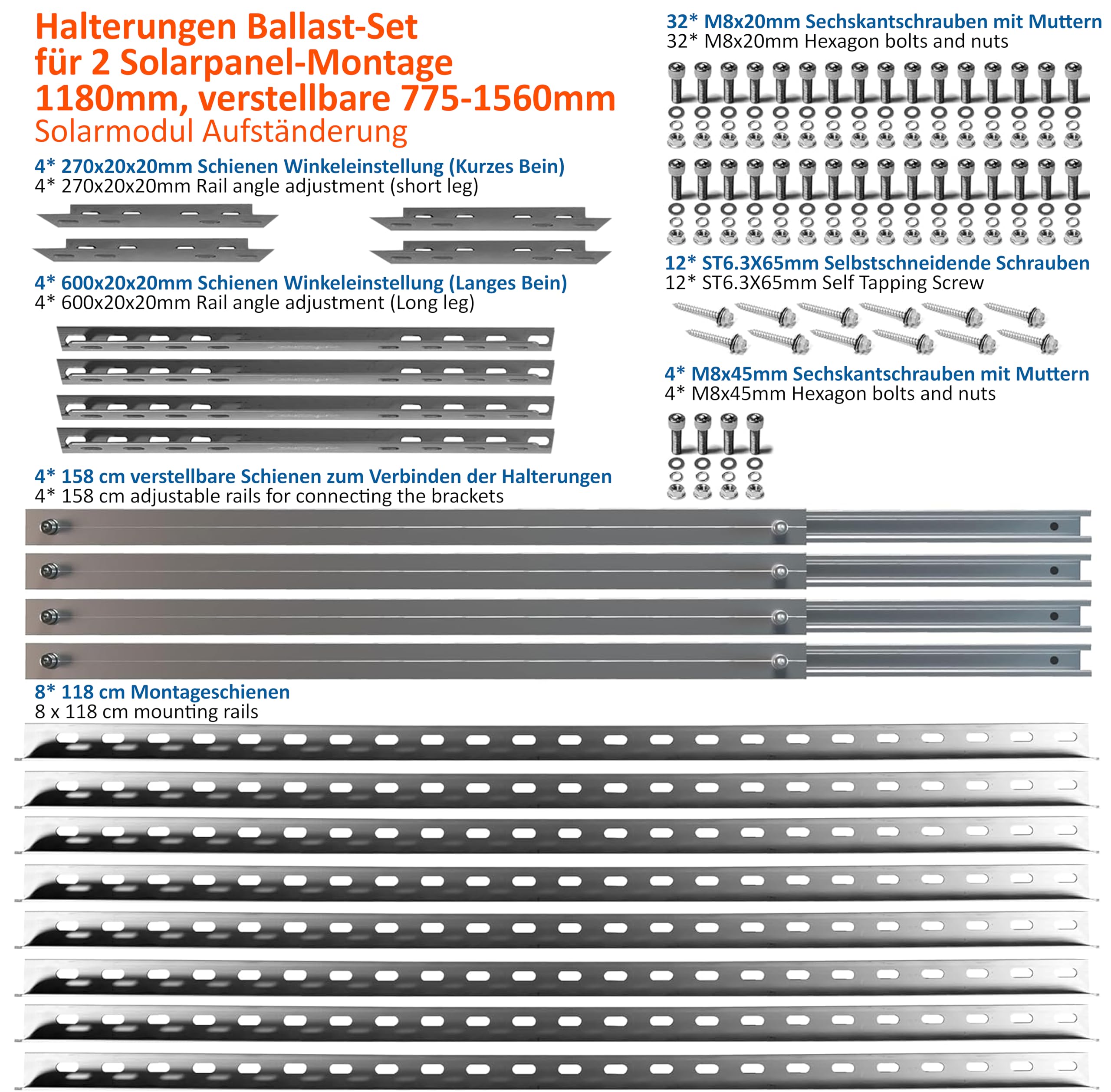 Dreieckiges Ballast-Set für 2 Solarpanel-Montage 1180mm Solarmodul Aufständerung, Vollständig einstellbar!
