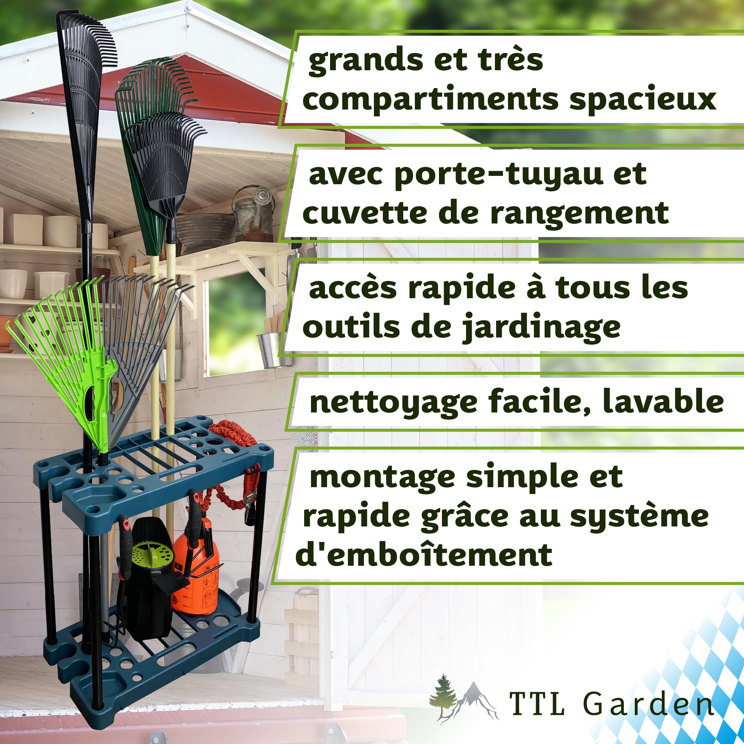 TTL Commerce Garden Support rectangulaire outils de jardin 61x58x31cm 28 compartiments Support et organiseur le rangement balais,bêches,râteaux et outils de jardin,abri de jardin et garage Vert/Noir