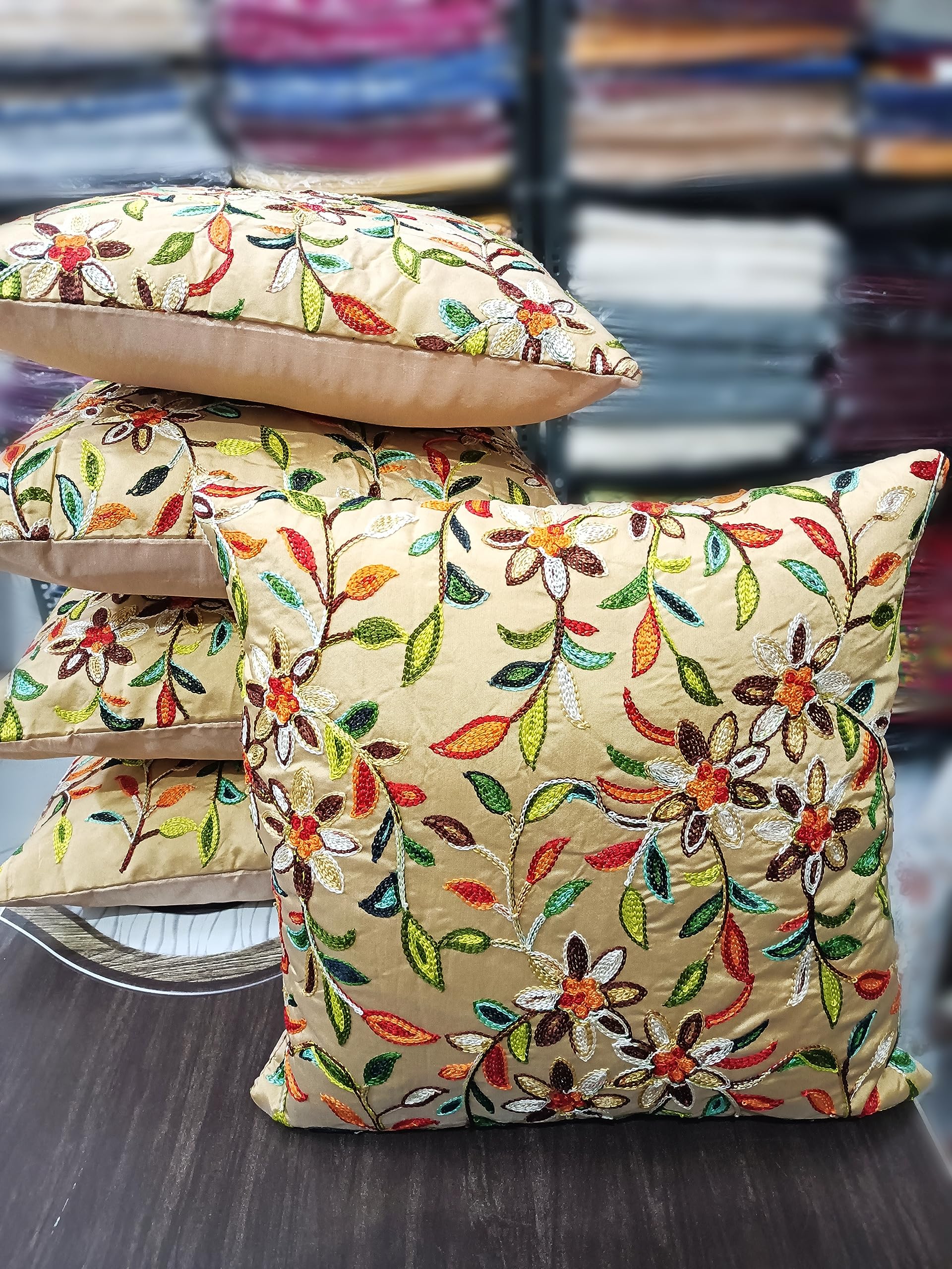Bosscart Attractive Dupion Silk Kasmiri Embroidered Sofa Cushion Cover Set Of 5 16X16Inch (Beige), 120 TC-image-2