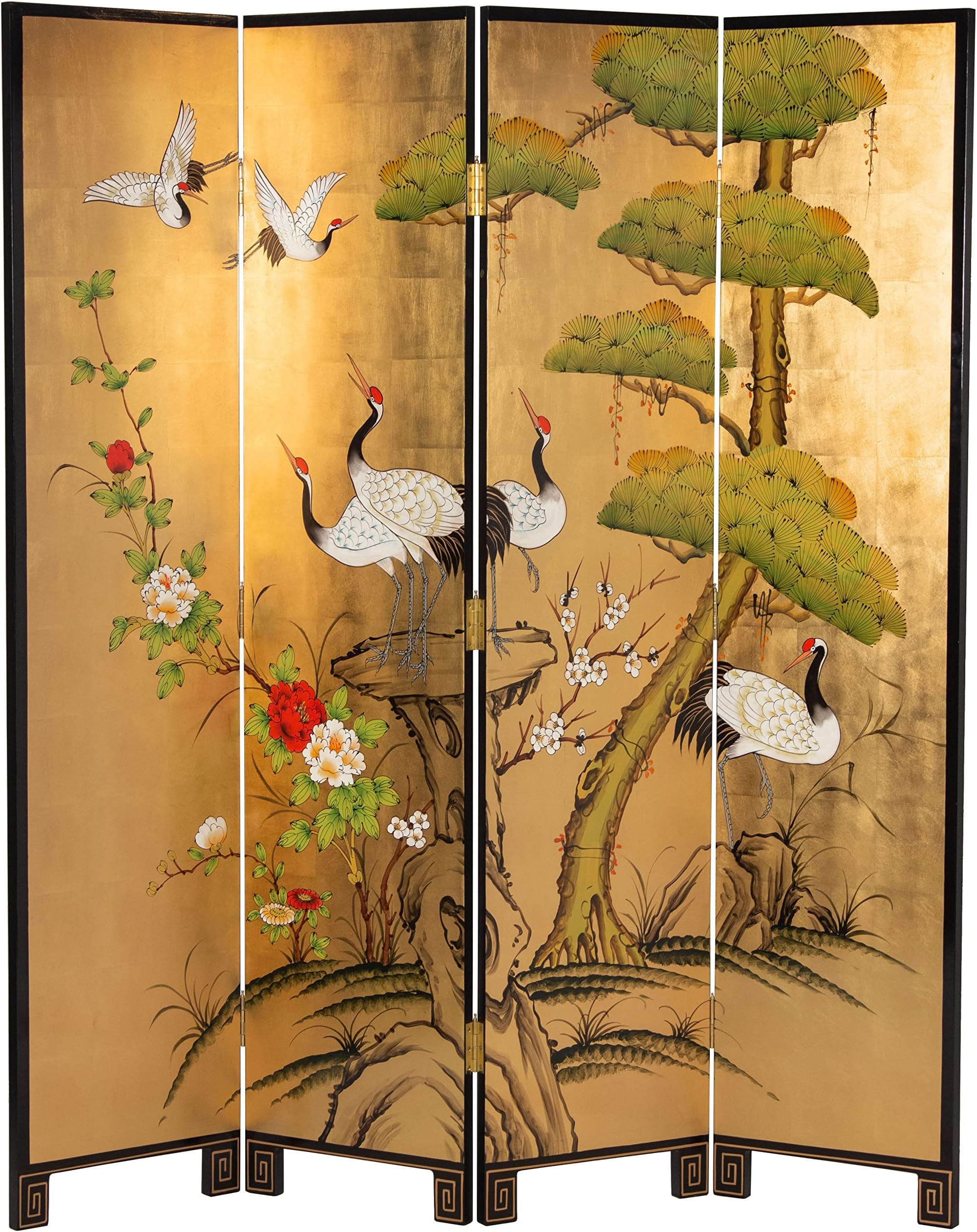 Red Lantern Artisan Crafted 6 ft. Tall Gold Lacquer Room Divider - Cranes in Garden