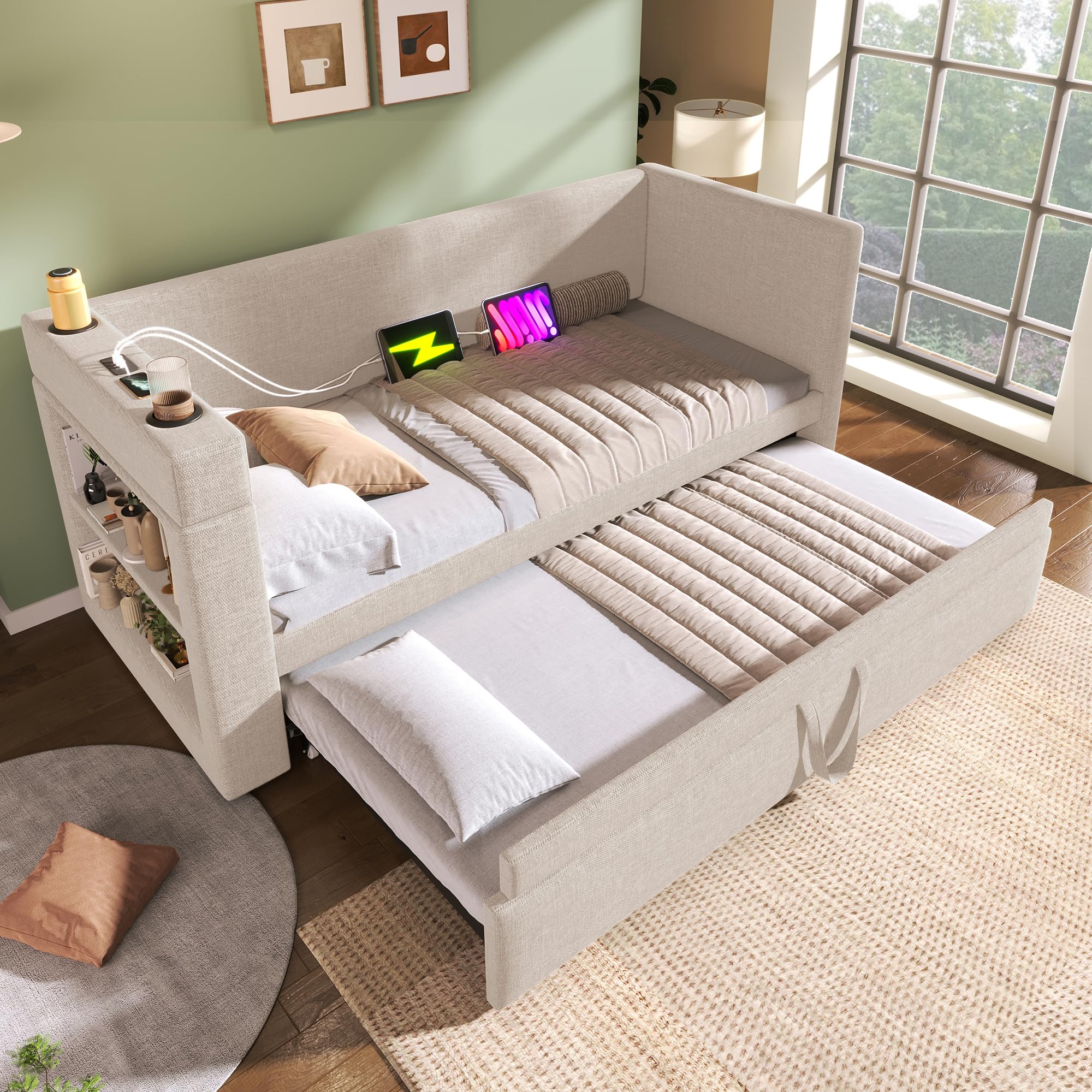 Cama de día multifunción para jóvenes, 90 x 190 cm, cama nido con puertos USB Type-C y USB y soporte para bebidas, cama infantil, cama tapizada, cama plegable, cama de invitados, beige (sin