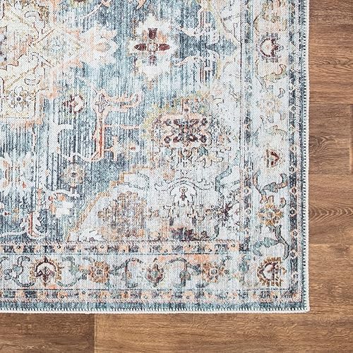 Miniatura 5 de Bloom Rugs Alfombra lavable antideslizante de 8 x 10 pies, alfombra tradicional persa verde azuladomelocotón para sala de estar, dormitorio, comedor