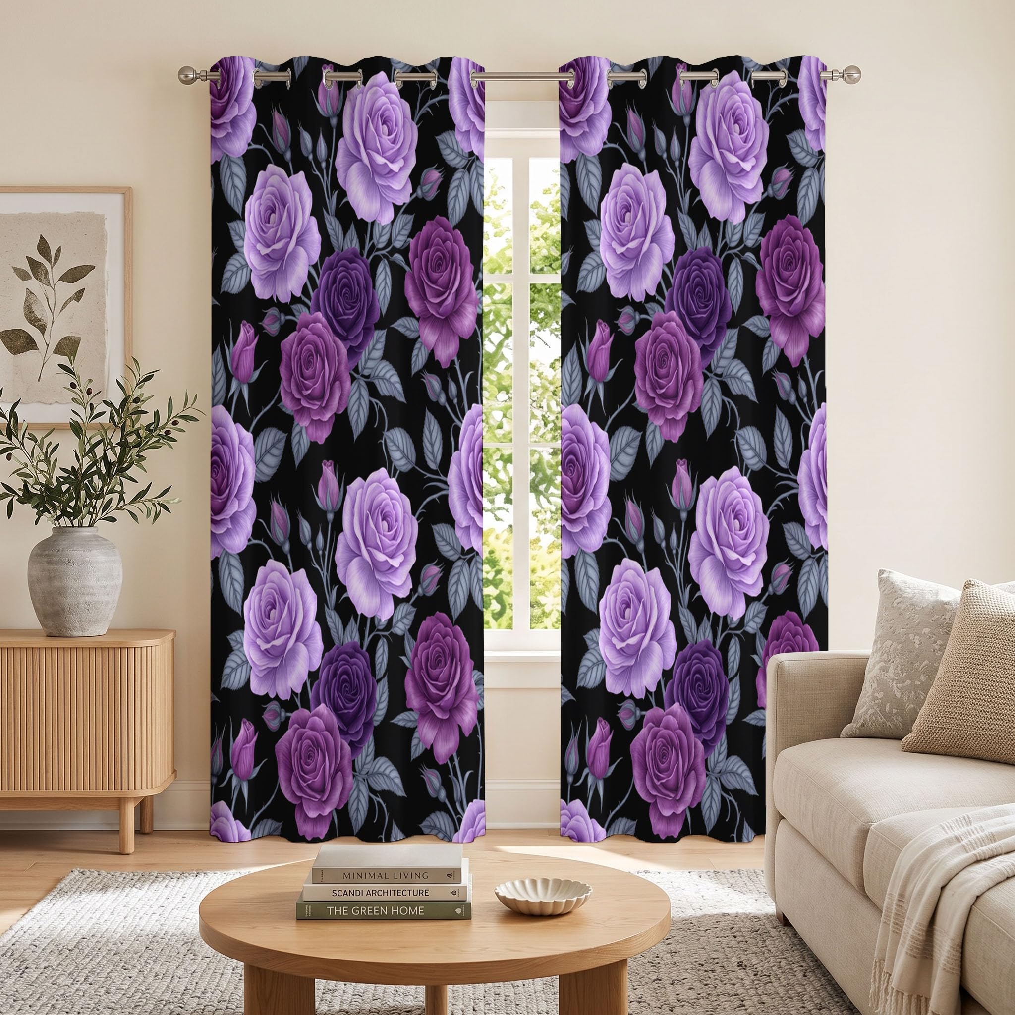 Cortinas Opacas Térmicas Decorativas Tema De La Rosa Gótica | Flores Oscuras En Acuarela 2 Piezas 140Anx240Al Cm, Cortinas De Privacidad para Ventanas De Sala De Estar, Púrpura