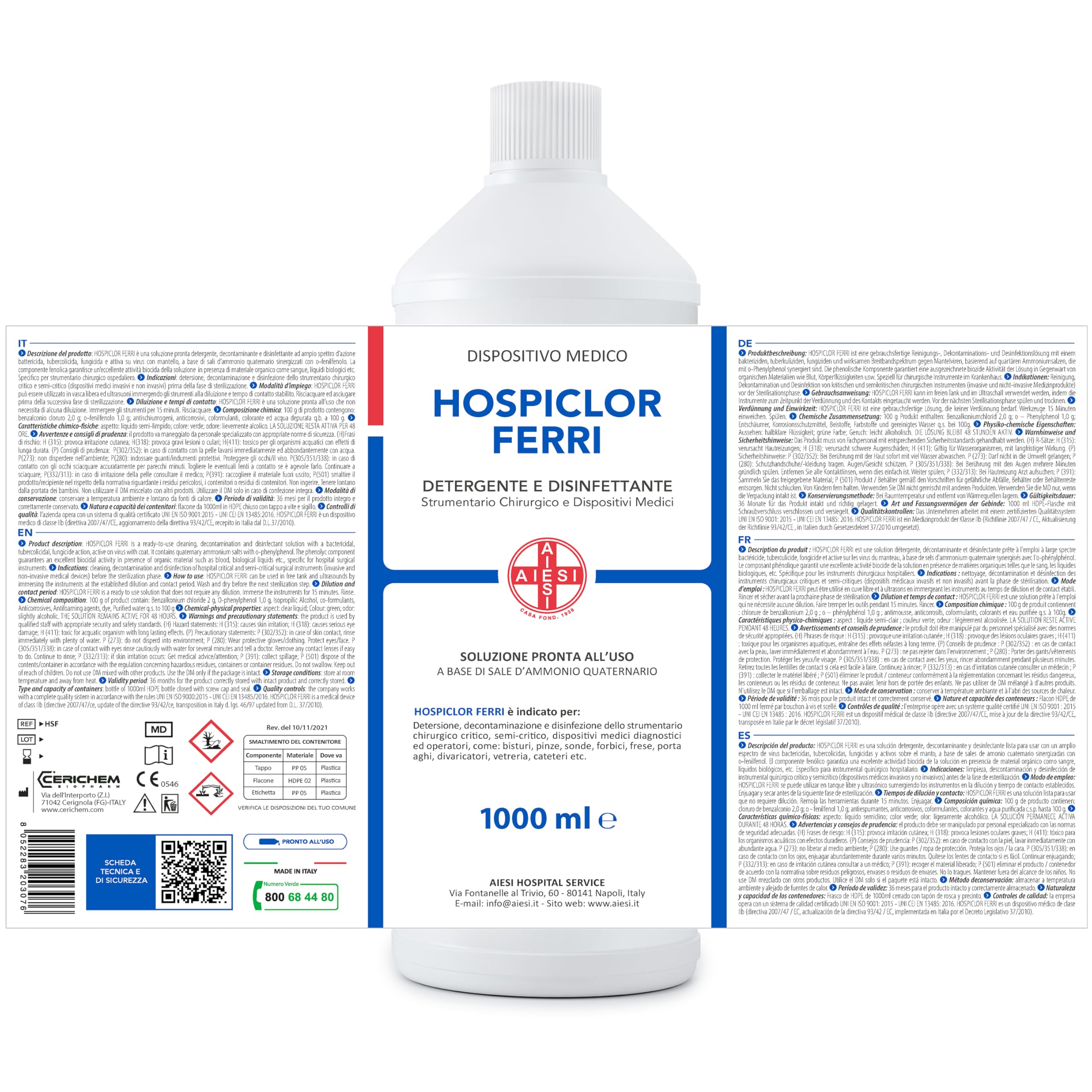 HOSPICLOR FERRI Desinfectante listo para usar para instrumentos médicos 1 litro