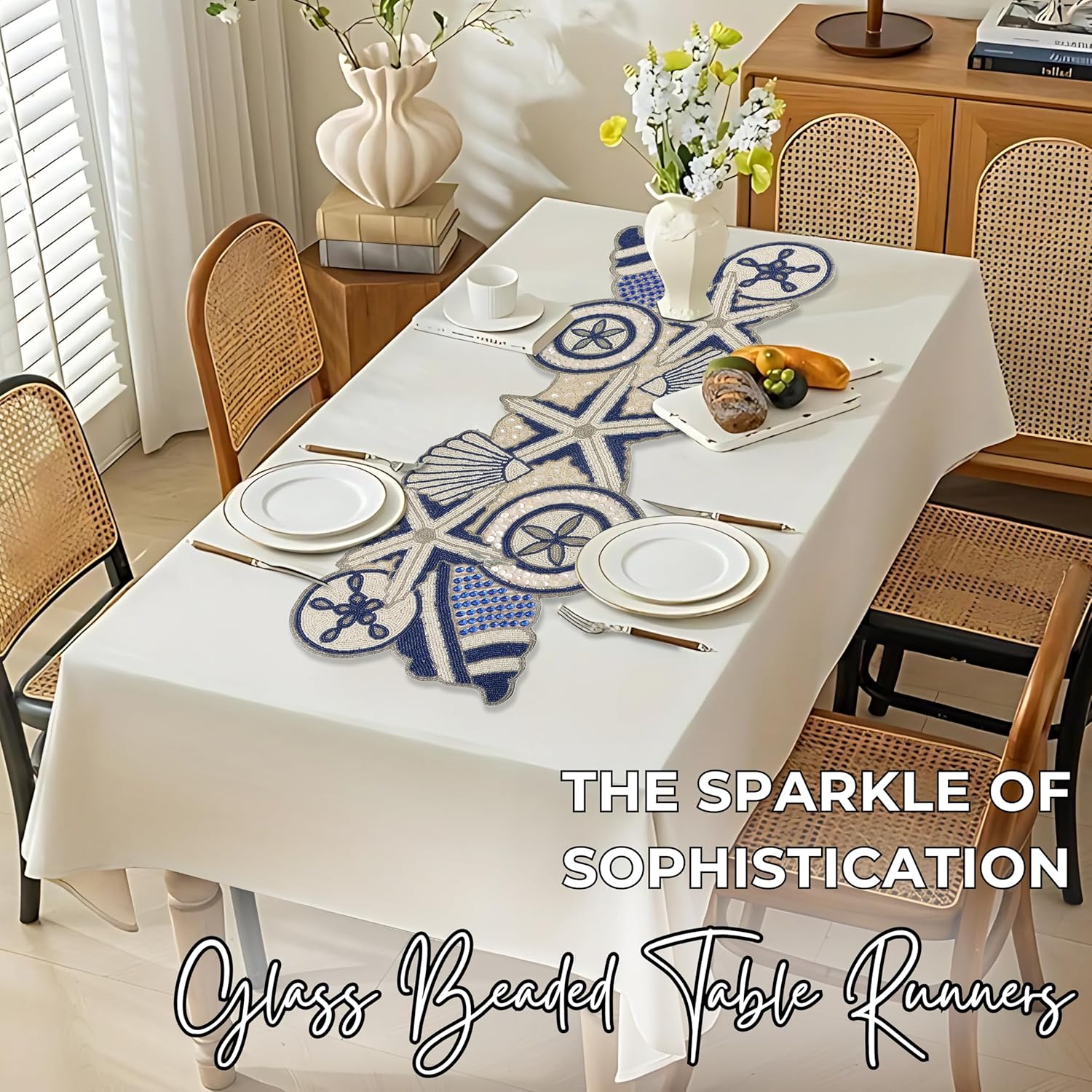 Handmade Beaded Table Runner - Glass Beads & Polyester Runner for Coffee & Dining Table, Elegant Star Pattern Decor for Home, Wedding, Holiday, Coastal or Boho Theme (Blue White) - ALPHA Living HOME