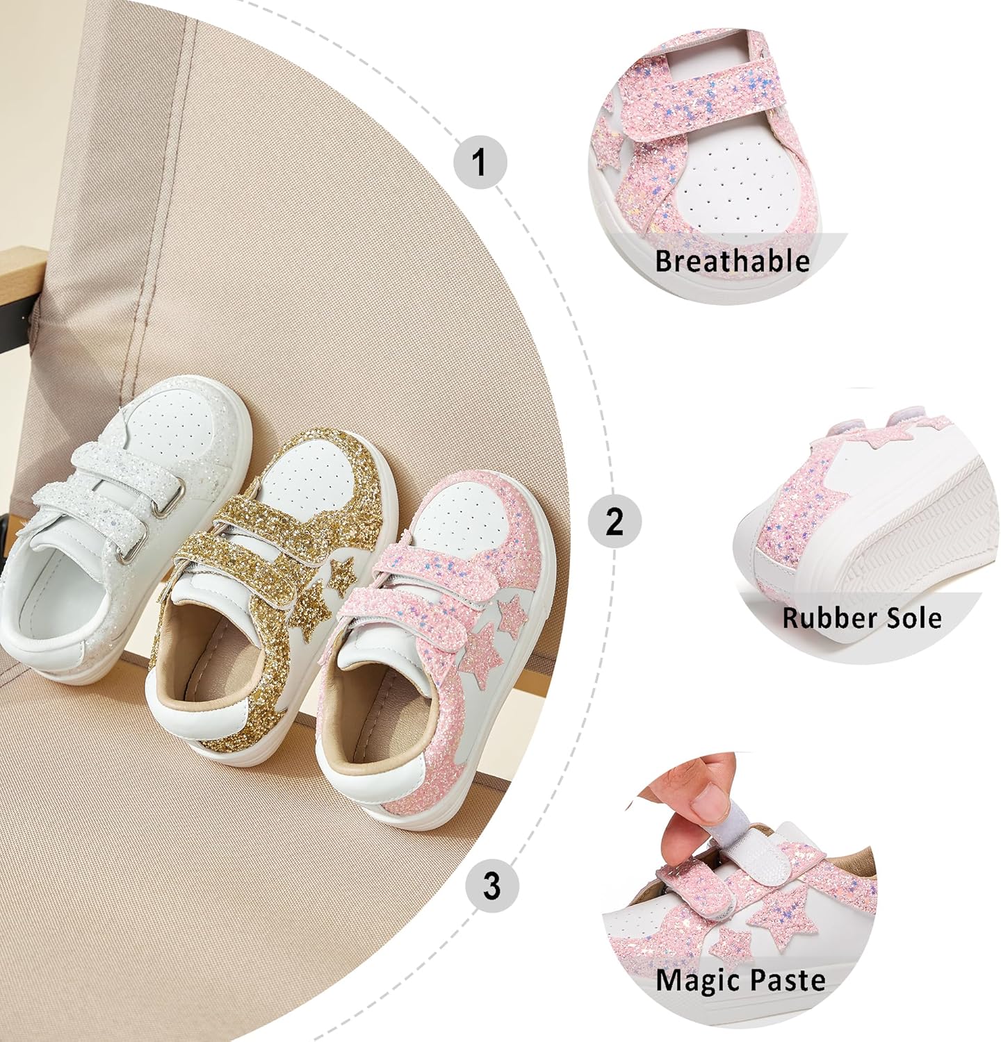 Otter MOMO Girls Sneakers Little Girls Magic Paste Shoes Glitter Sneakers Toddler - Image 7