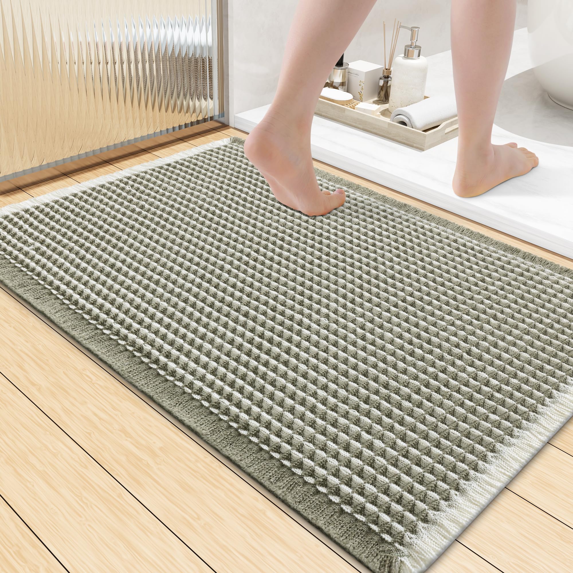 Smiry Waffle Bath Mat 36X24, Soft Absorbent Bathroom Rugs, Green &amp; Cream
