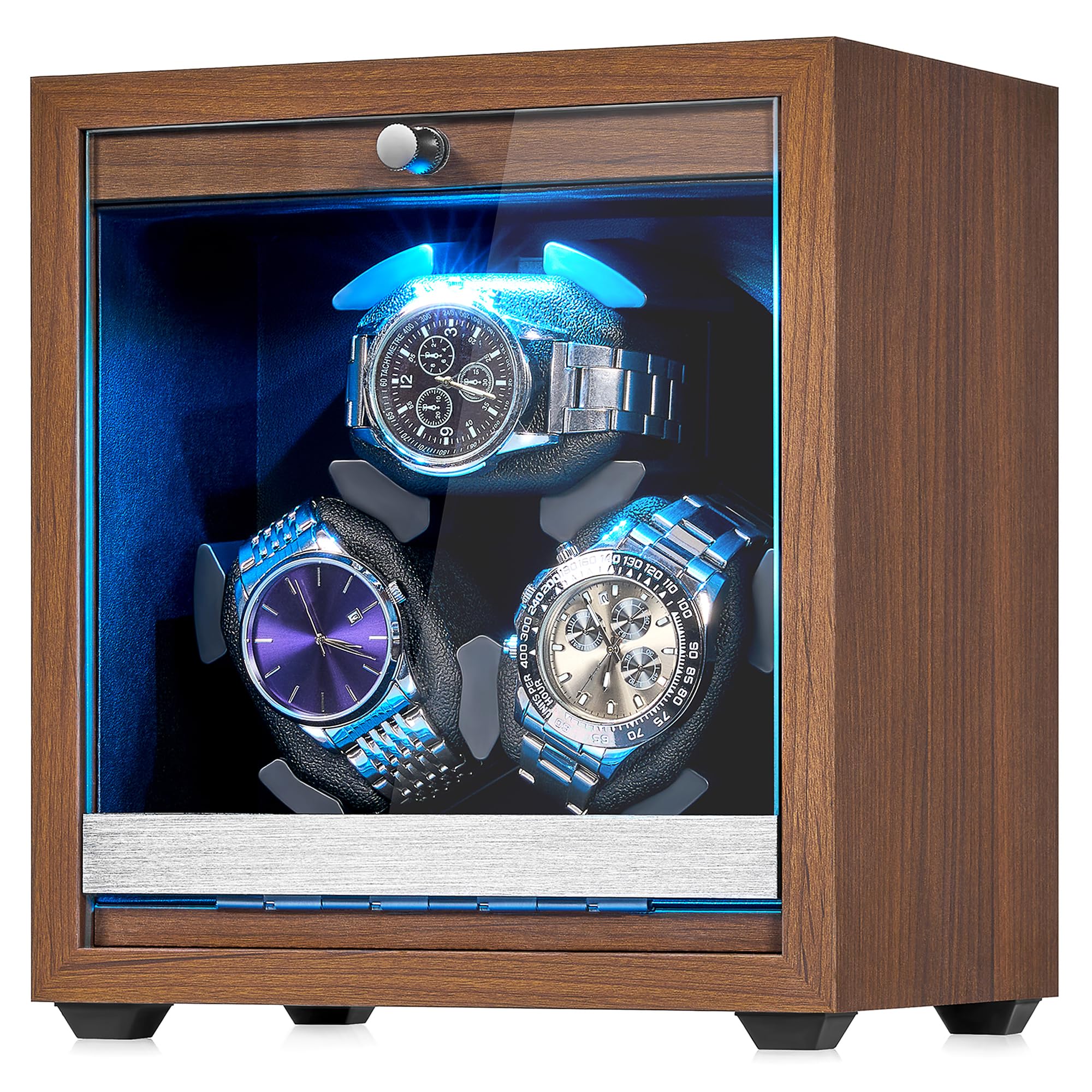 ANWBROAD Uhrenbeweger für Automatikuhren 3 Uhrenrotatoren mit LED und 4 Rotationsmodi Holz Superleiser Japanischer Motor Memory Foam-Kissen mit Adapter Geschenk für den Mann JWW013M