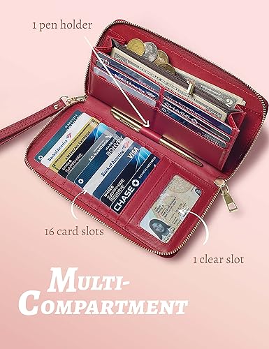 Miniatura 6 de Yarnic Cartera roja para mujer con correa de muñeca, cartera para tarjetas de crédito, bolsillo para dinero, monedero, organizador con clip