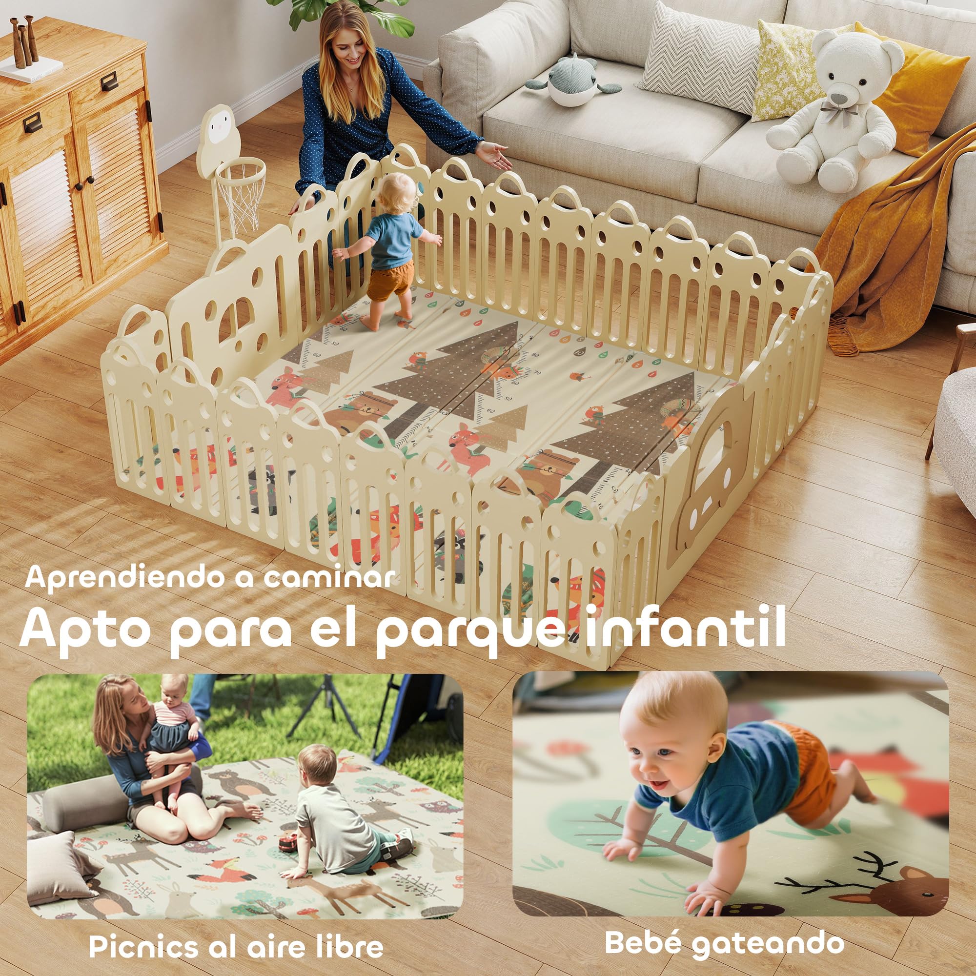 AIYAPLAY Alfombra Bebé Acolchada Plegable Reversible 196x176x1,5 cm Diseño de Bosque y Animales Tapete de Actividades Bebé XPE Doble Cara Impermeable Multicolor
