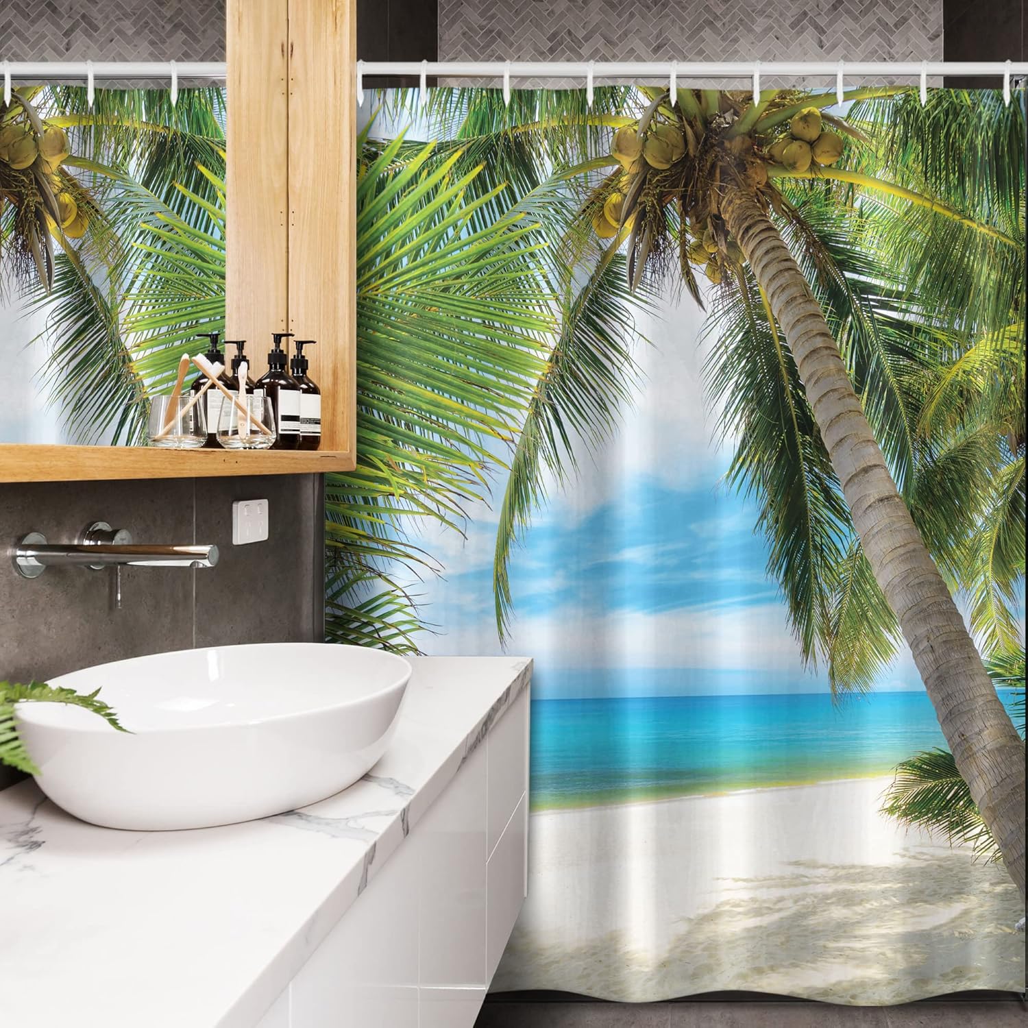 Ambesonne Ocean Stall Shower Curtain, Shadow Shade of a Coconut Palm Tree on White Sandy Seashore Image, Fabric Bathroom Decor Set with Hooks, 54" W X 78" L, Green Blue