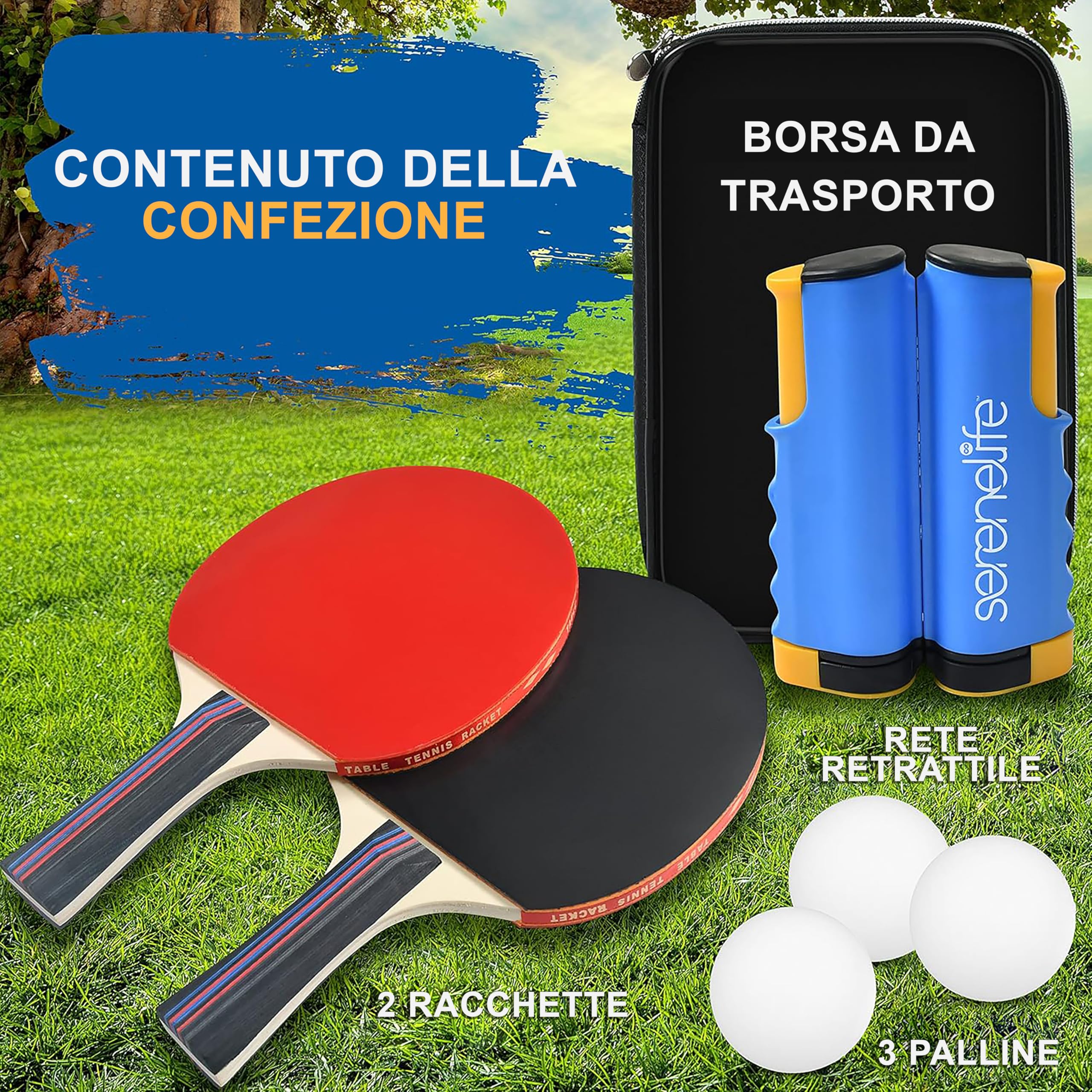 SereneLife Set di Racchette Ping Pong, Set Tavolo Ping Pong con Rete Ping Pong da Tavolo, 3 Palline Ping Pong