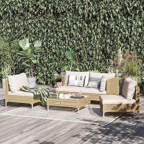 Miniatura 75 de Grand patio Juego de muebles de mimbre para patio, bohemio, sofá modular con cojines gruesos y resistentes al agua para exteriores, mesa auxiliar