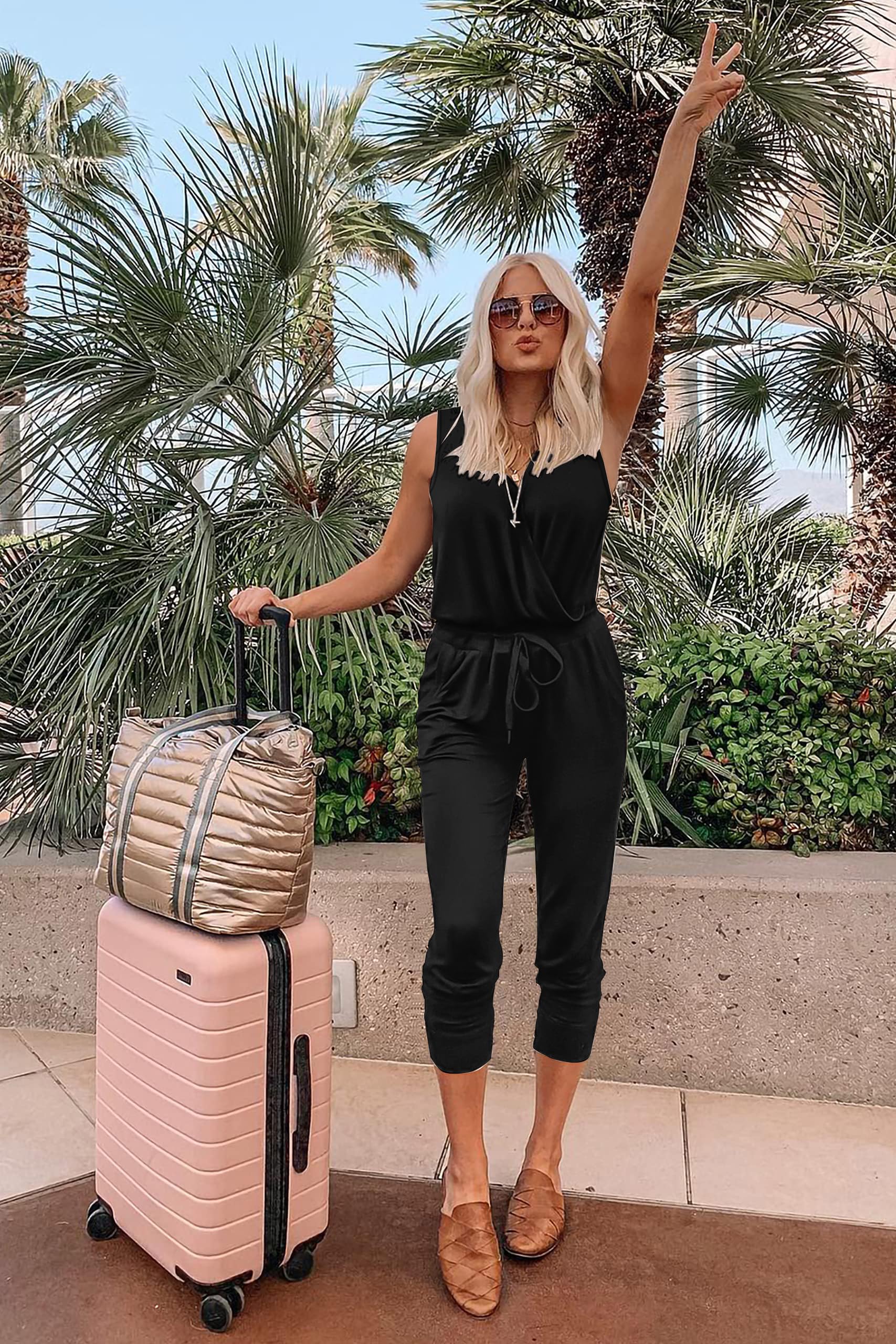 Jumpsuit for Damen Sommer Elegant Playsuit Casual Overall ärmellos Romper Verstellbarer Bund V-Ausschnitt mit Taschen