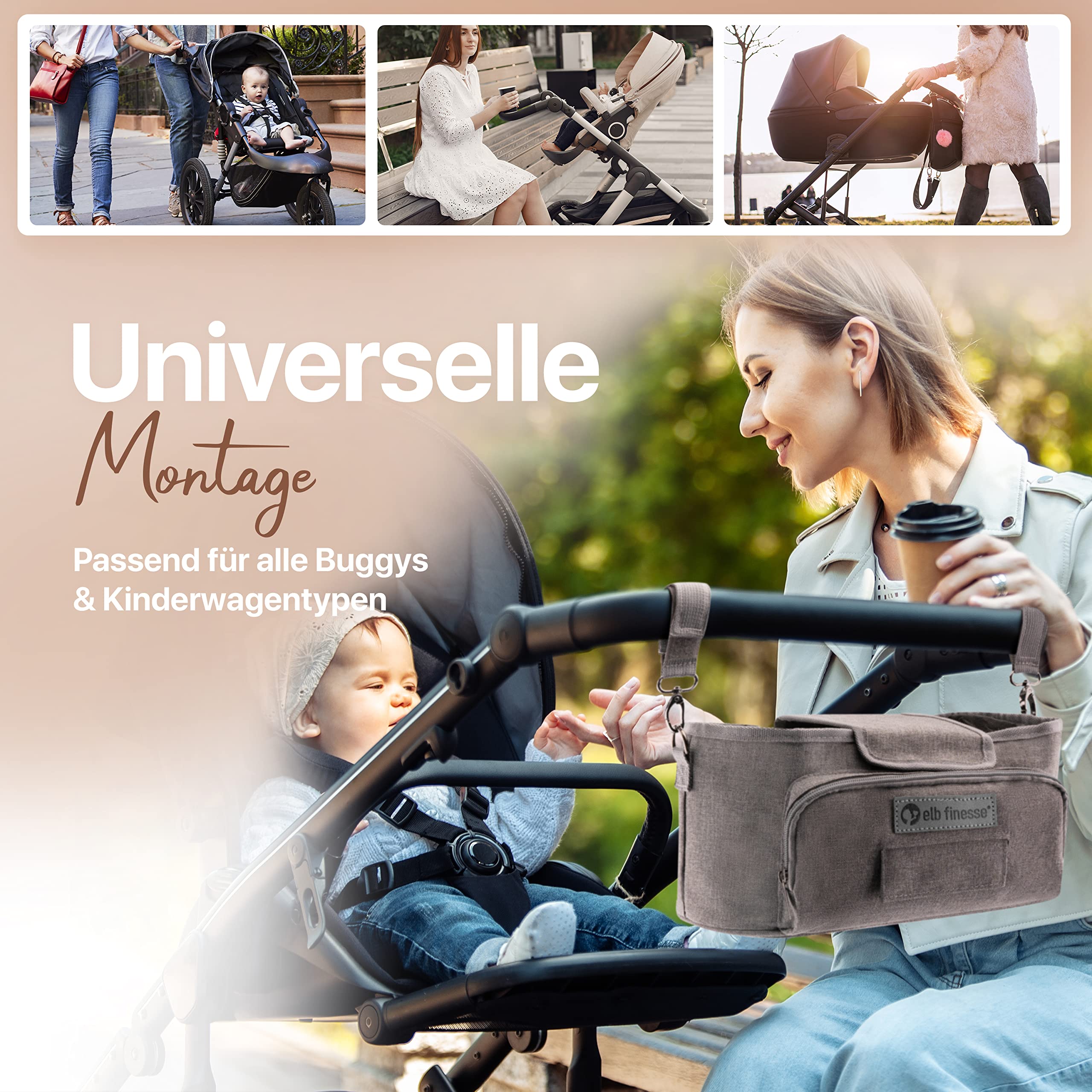 Premium Kinderwagen Organizer I Wasserabweisender Buggy Organizer inkl. Schultergurt I Kinderwagen Taschen I Kinderwagen Zubehör I Getränkehalter Kinderwagen (Grau)