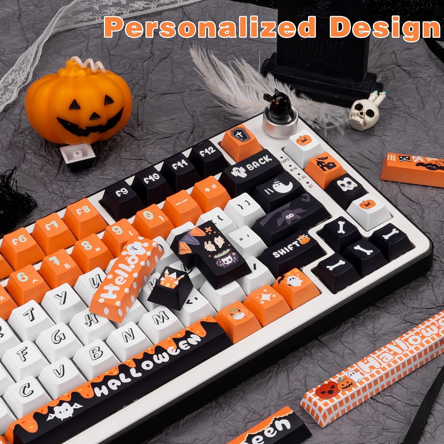 143 Keys Halloween Themed PBT Keycaps Cherry Profile Dye Sublimation Keycap Custom Orange Cute Key caps Compatible with for 61/64/75/84/87/104/108 Mechanical Keyboard.