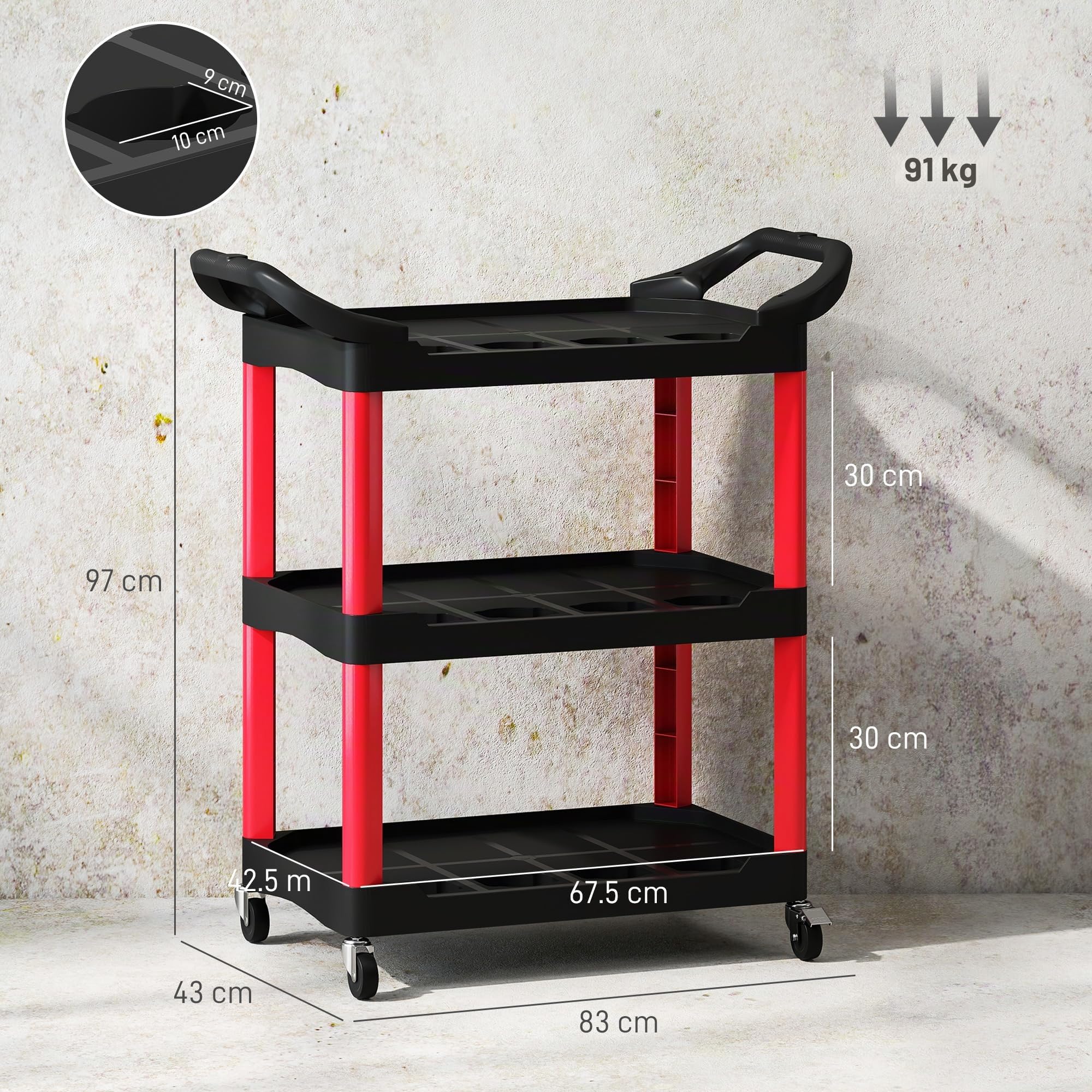 HOMCOM Carrello Porta Attrezzi a 3 Livelli, Carrellino da Officina in Plastica con Maniglie e Ruote Girevoli con Freno, Carrello Portautensili Capacità 91 kg, 83x43x97 cm, Nero e Rosso