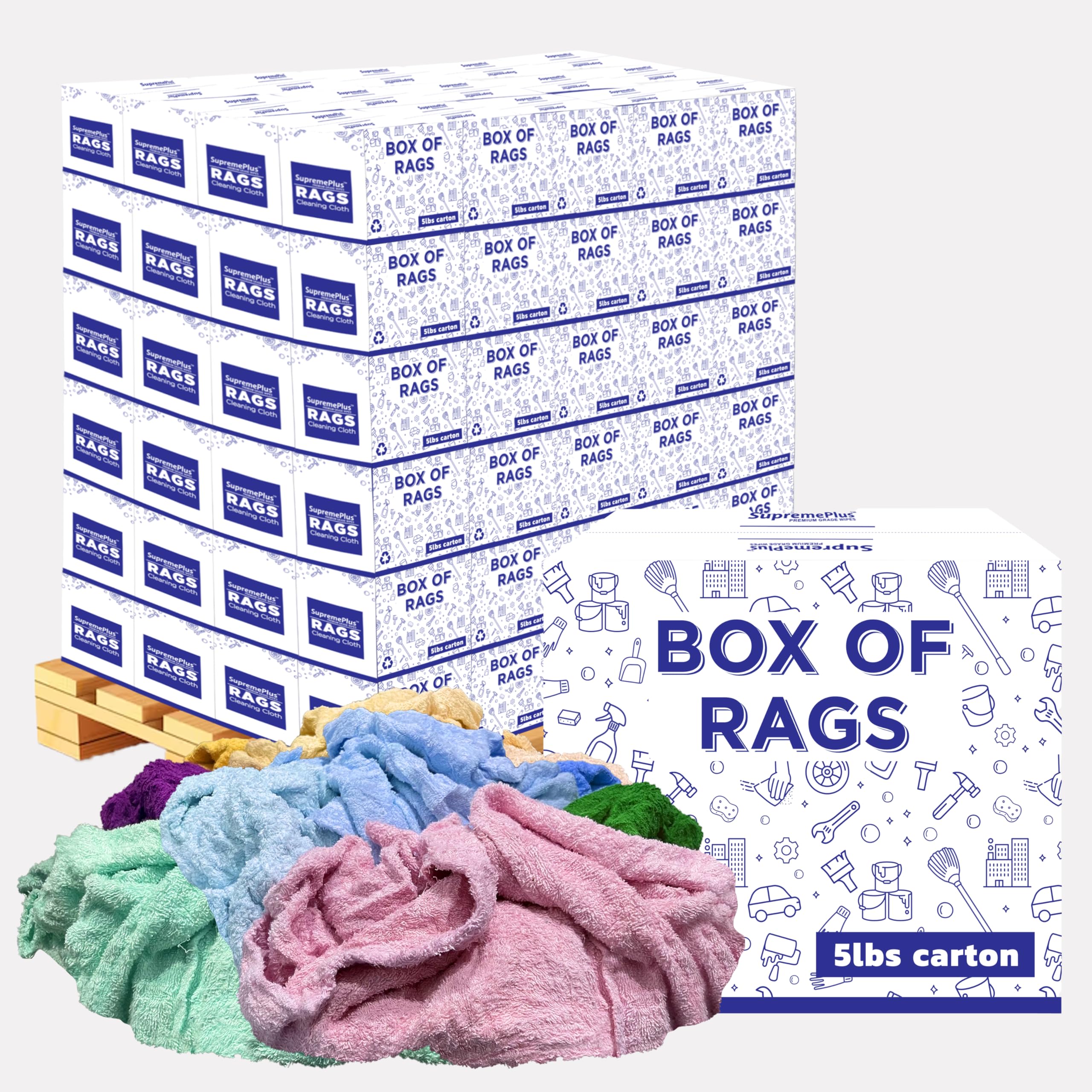 Recycled Color Terry Cloth Rags 600 lbs Pallet - 120x5 lbs Box - Super Absorbent Cotton Towel Cleaning