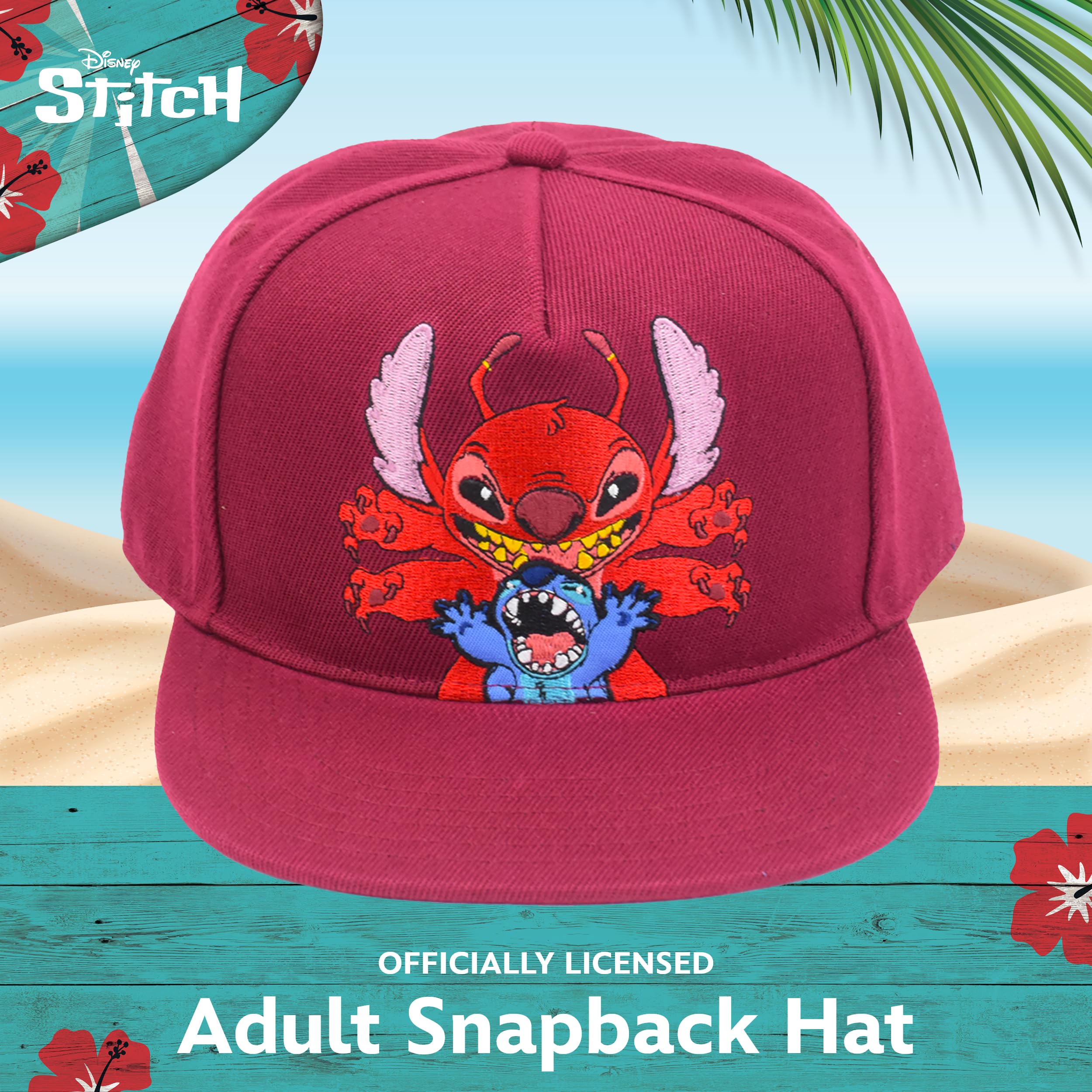 Concept One Unisex czapka z daszkiem Disney Stitch, Leroy, regulowana czapka typu snapback dla dorosłych z płaskim brzegiem, czerwona, jeden rozmiar, Czerwony, rozmiar uniwersalny